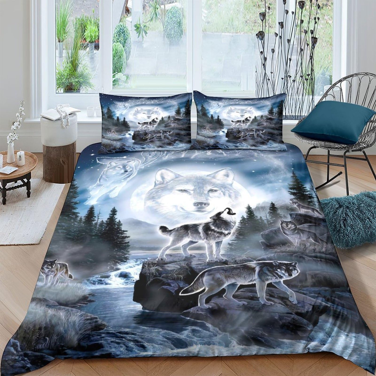 Ctjqhvkz Style-6 3D Printed Wolf Moon Fitted Sheet Microfiber Soft Blue Grey Forest Mattress Cover For Bedroom Guest Room Decor Single（135X200cm）