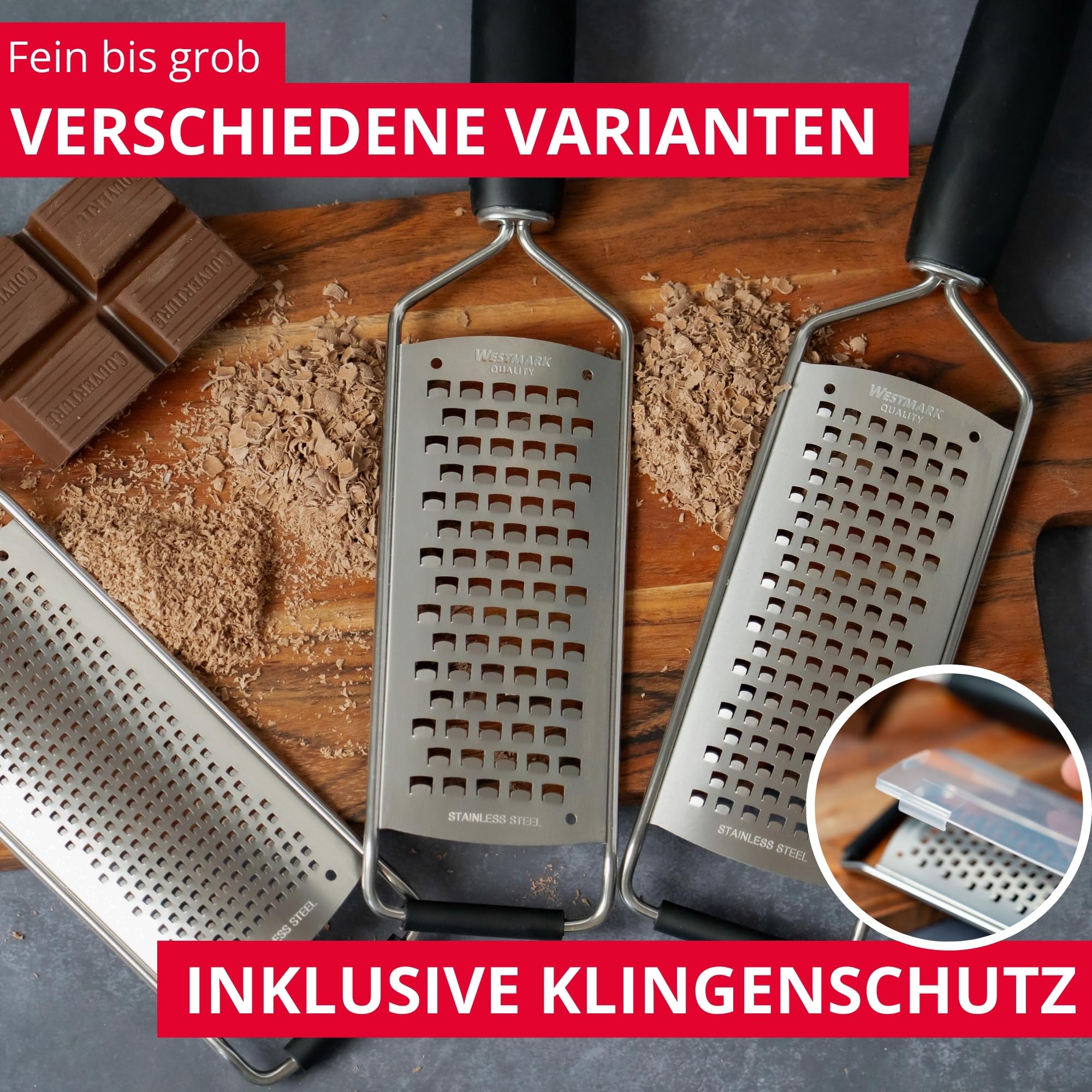 Westmark Käsereibe grob - 100% rostfreier Edelstahl - Reibe für Käse, hartes Obst, Kartoffeln & Gemüse - Küchenreibe mit Klingenschutz für eine sichere Aufbewahrung - 32 x 6,5 x 2,8 cm (silber)