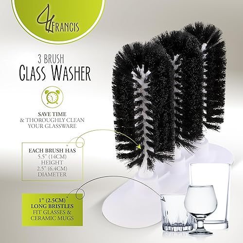Miniatura 2 de Cepillo de limpieza de vidrio, arandela de vidrio de 3 cepillos - Enjuague de vidrio triple, cepillo para lavadora de tazas, cepillos de vidrio para