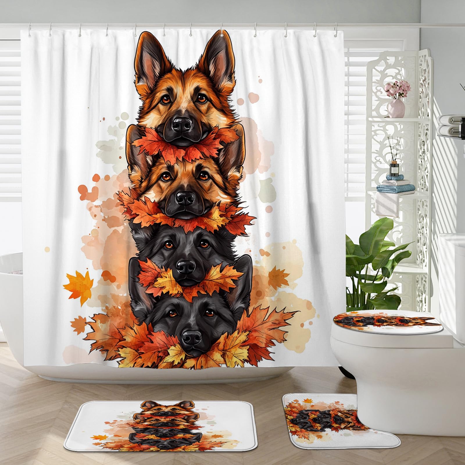 4PCS Fall German Shepherd Dog Bathroom Accessory Sets with Non-Slip Rug, U Shape and Toilet Lid Cover Mat, Cute Autumn Maple Leaf Bathroom Fabric Decor-72''x72''