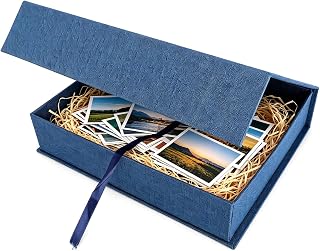 Photo Storage Box 22 x 28.2 x 6 cm, Linen Photo Box, Magnetic | Photo Box Storage with Lid, Photo Keepsake Box, Postcards, Scrapbooking, Cards and Small Souvenirs, Blue