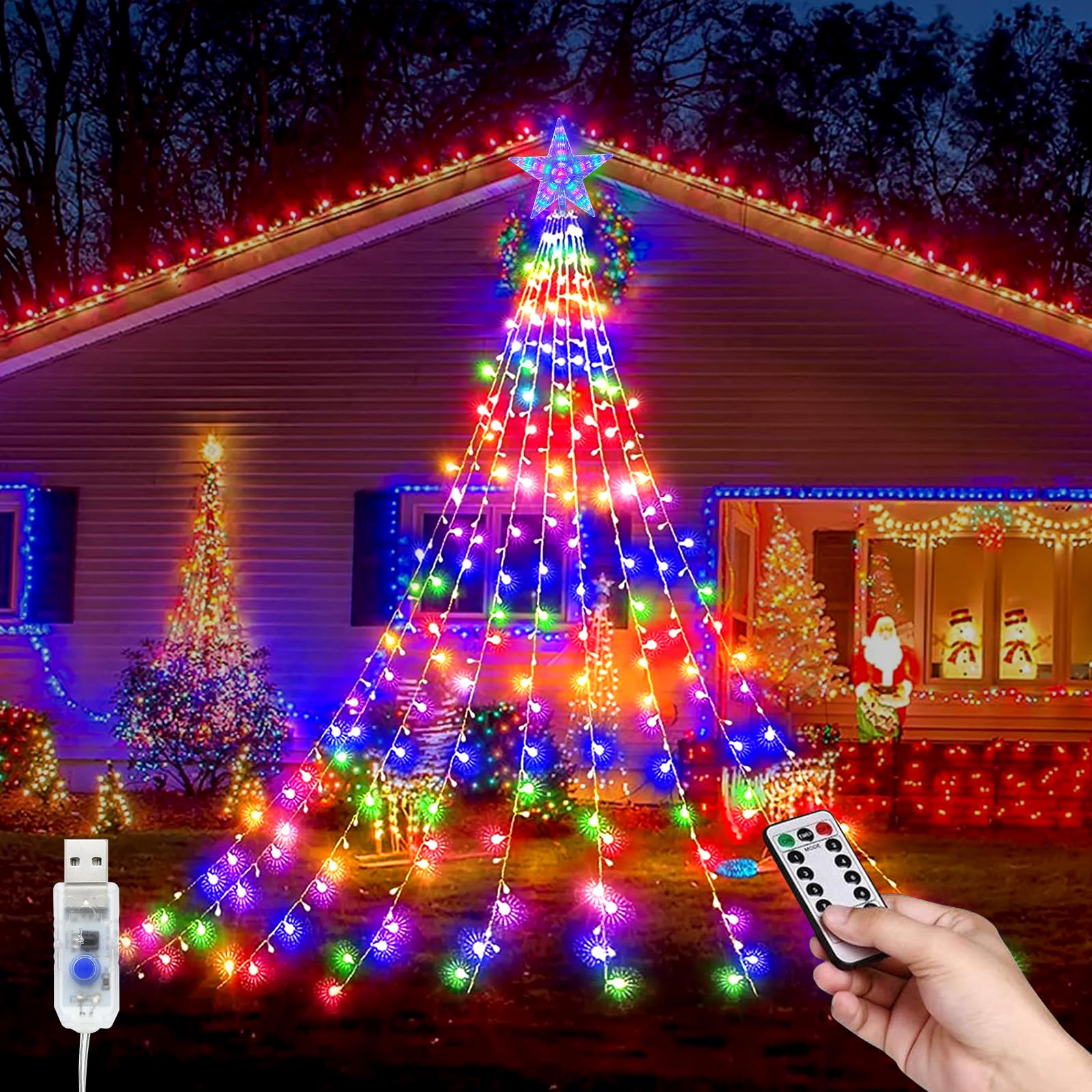 Christmas Decoration Star Lights, USB Christmas Tree Lights with Star Topper, 9*6.56ft Waterproof 8 Modes LED Outdoor Christmas Tree Fairy Lights with Remote for XmasTree, Home, Party Decorations