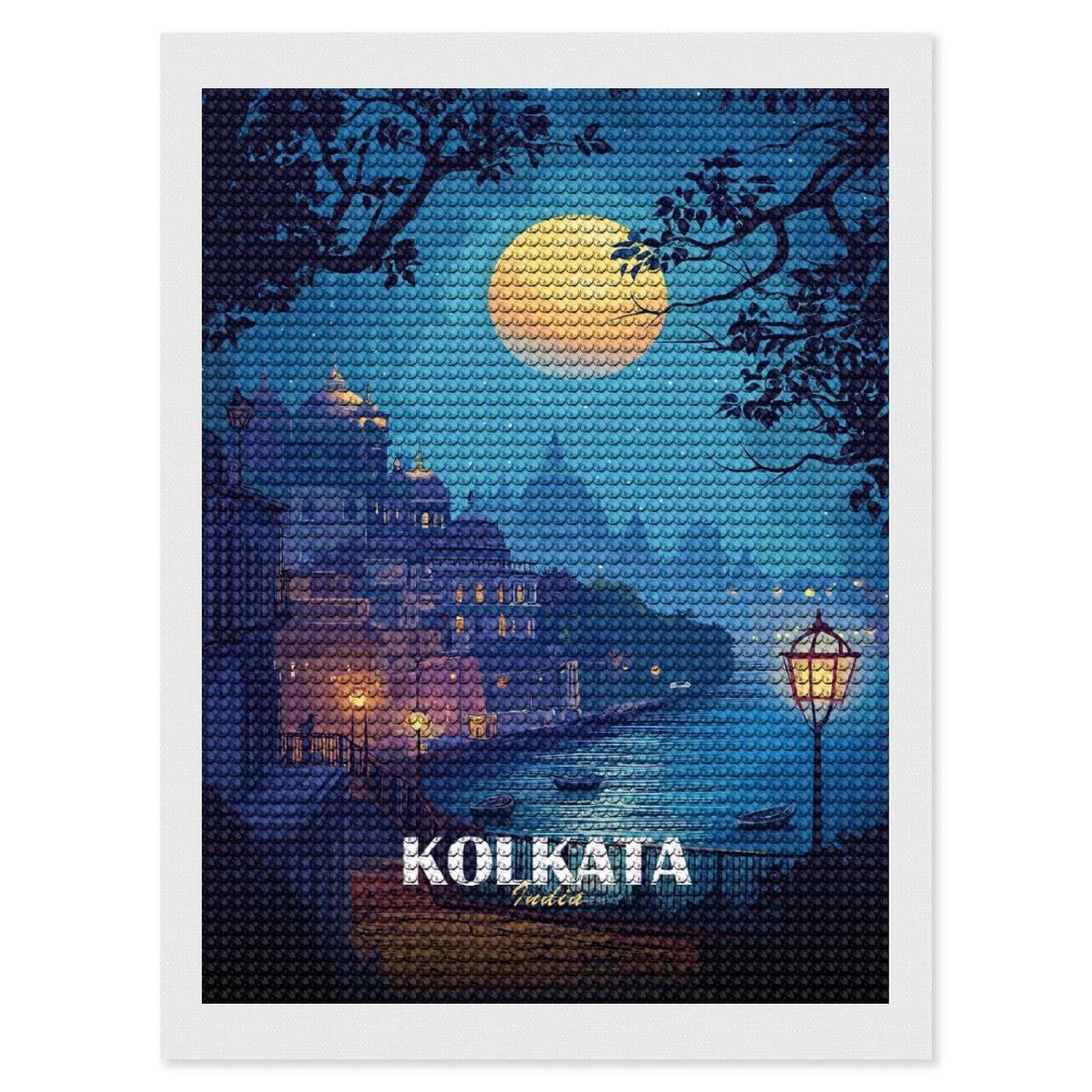 Junmoney Kolkata India Nightscape Illustration DIY Diamond Art Canvas Kit 12"x16", Relaxing DIY, Sparkling Crystal Beads, Vintage Style Decor, Holiday Gift Idea