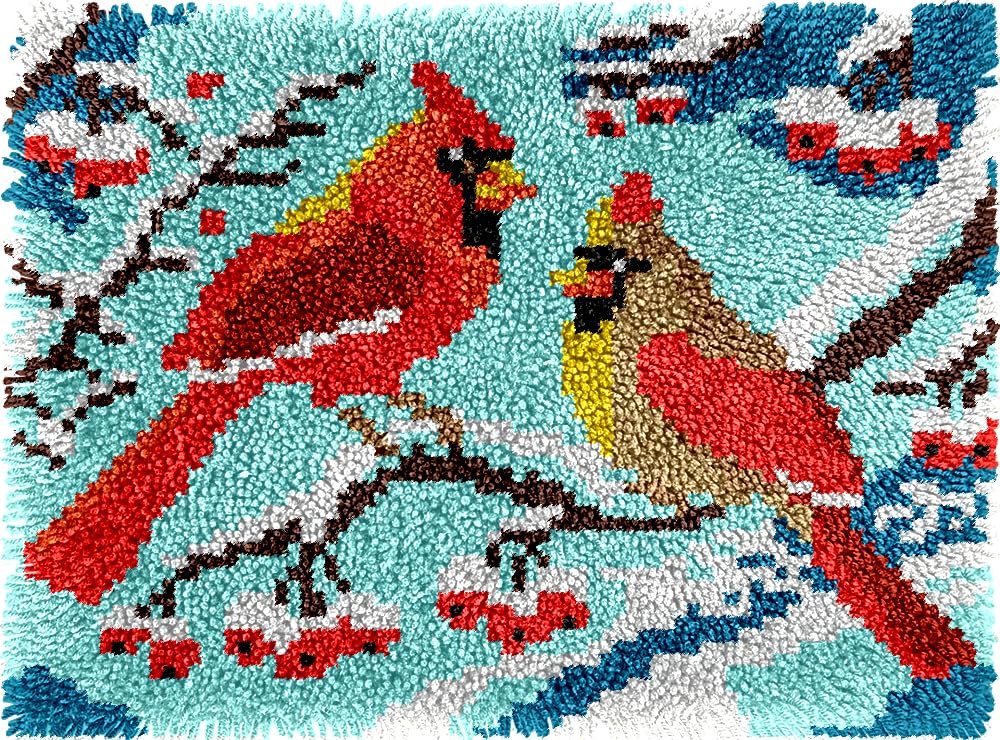 veirousa Cardinals Latch Hook Rug Kit, Pre-Printed Latch Hook Kits for Adults Kids Beginners, Snow Scene Birds Carpet Making Set DIY Wall Hanging Yarn Craft 20x15 in.