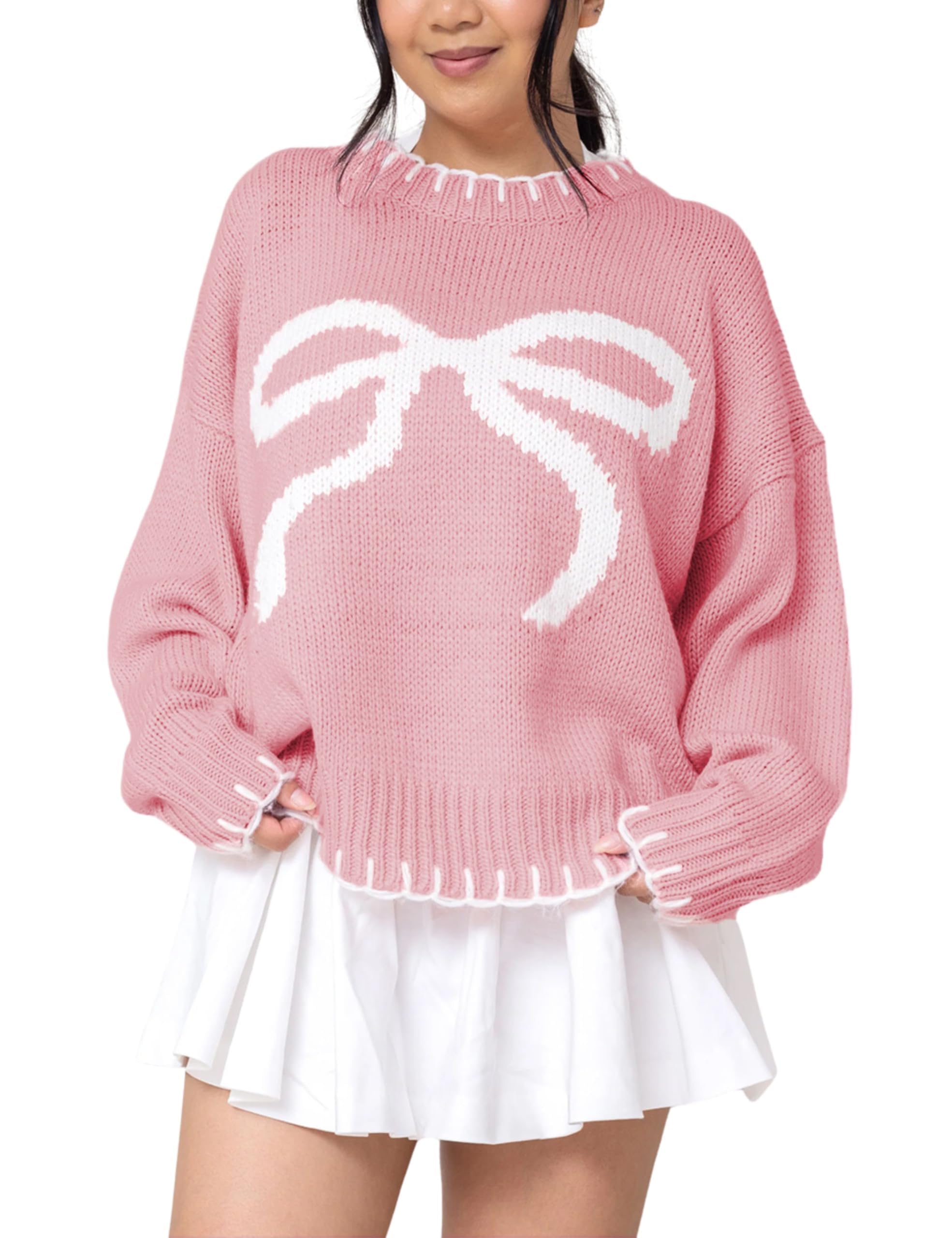Womens 2026 Fall Sweater Long Sleeve Crewneck Cropped Knit Sweaters Plus Size Cute Bow Pullover Shirts