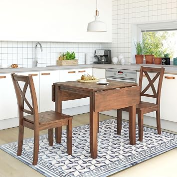 3-Piece Farmhouse Dining Table Set, Wood Drop Leaf Breakfast Nook Dining Table Set with 2 X-Back Chairs for Small Places Brown+Drop Leaf*