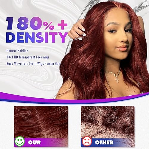 Miniatura 4 de vivehebe Pelucas de cabello humano ondulado con encaje frontal de 13 x 4, densidad del 180 %, color marrón rojizo, predepiladas, sin pegamento,