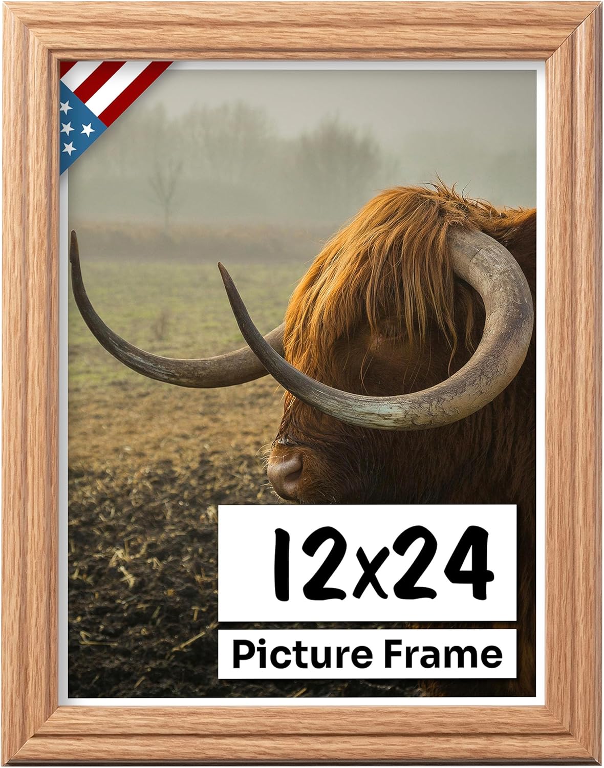 Oak 12x24 Picture Frame .75" Inch Wide - Faux Oak Decor Handmade Solid Wood Frames with Preinstalled Hangers and UV Blocking Plexiglass 24x12 Frame