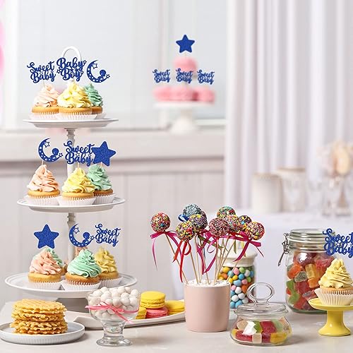 Miniatura 6 de Gyufise 24 piezas de decoración de cupcakes para baby shower con purpurina de estrellas y luna, dulce bebé niño, para baby shower, fiesta de