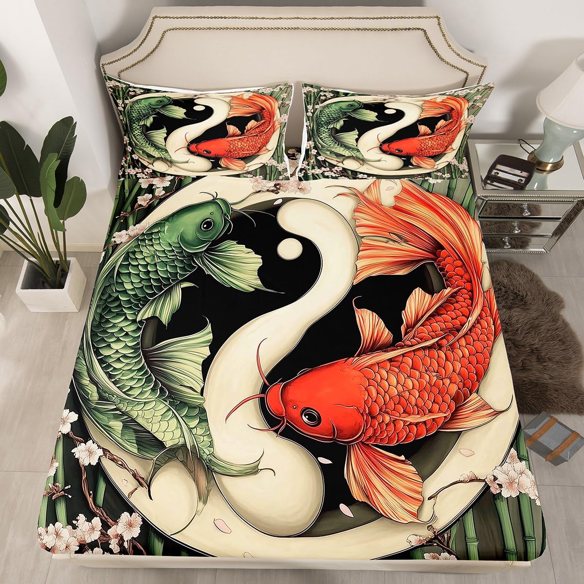 Carp Fish Fitted Sheet Full Size Chinese Style Tai Chi Bedding Set for Kids Boys Girls Teens Pastel Cherry Blossom Bed Sheet Set Oriental Ukiyoe Bed Cover Room Decor,No Top Sheet