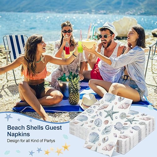 Miniatura 4 de Funrous 200 servilletas de conchas marinas a granel de 3 capas de verano para invitados, servilletas de mano con mar y océano, servilletas costeras