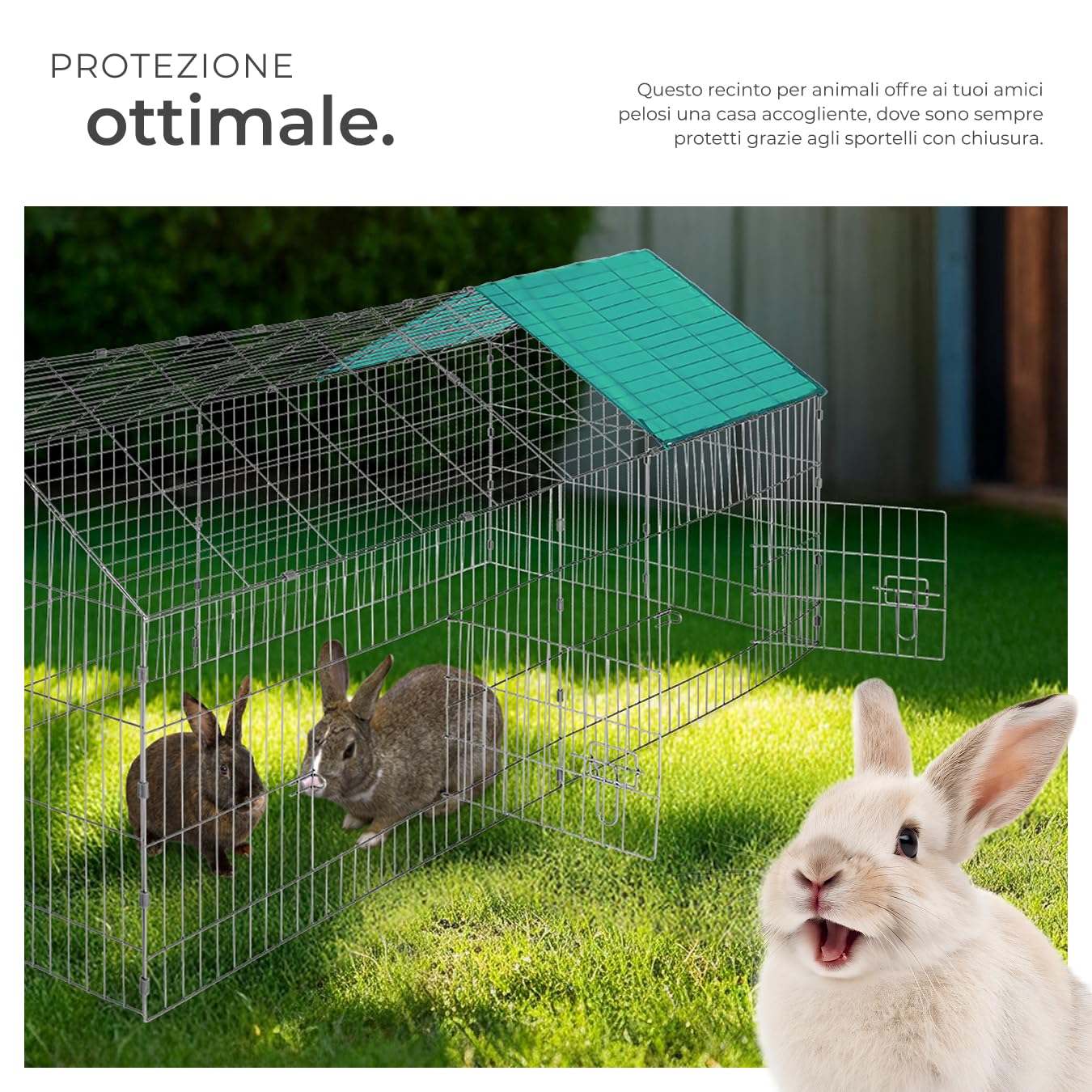 tectake® Gabbia da esterno per conigli, recinto con protezione parasole, griglia metallica resistente, conigliera, gabbia per piccoli animali, porcellini d'india, stabile, 180 x 75 x 75 cm - Verde