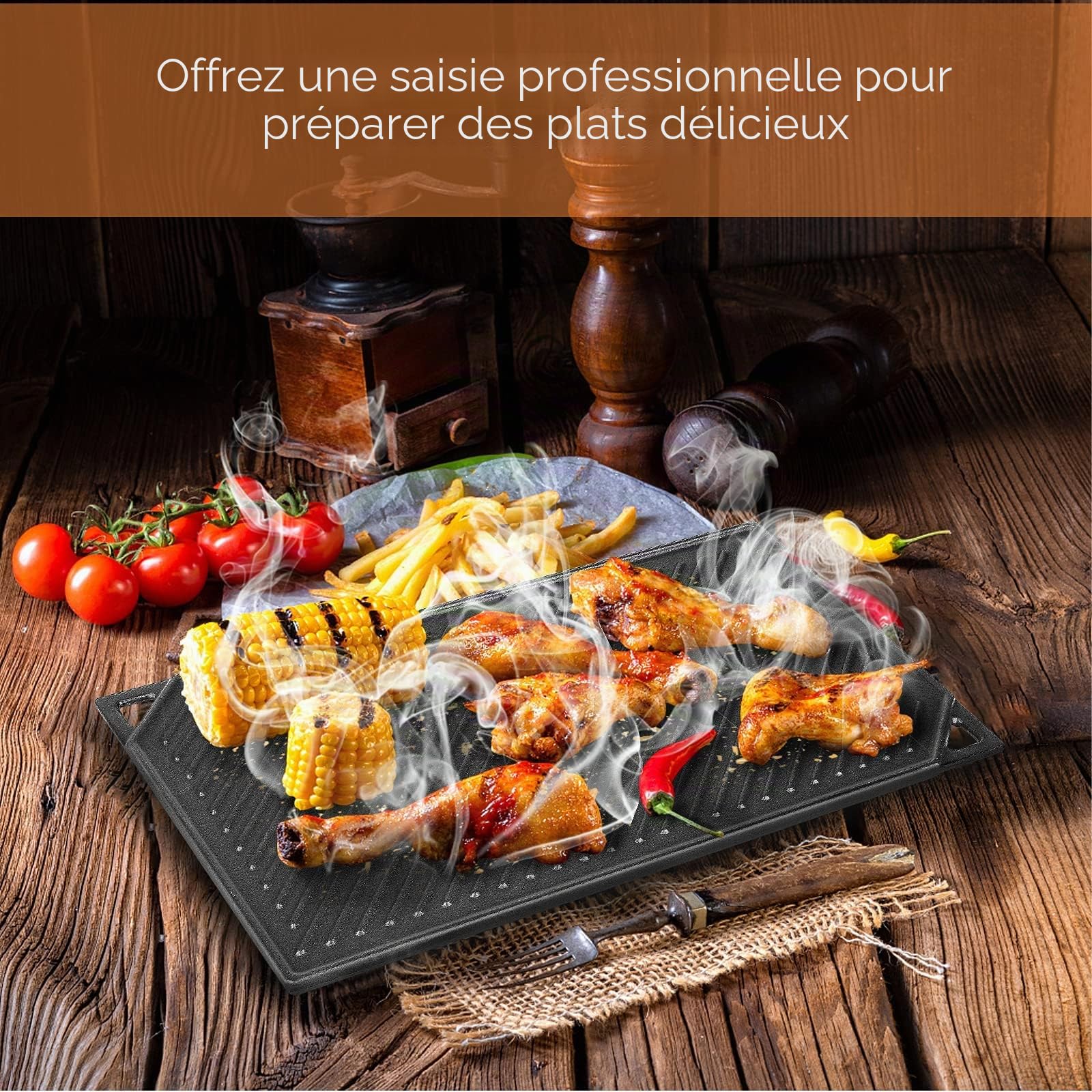 GFTIME Plaques de cuisson en fonte - 41,8 x 24 cm - Pour four, cuisinière et barbecue, barbecue à charbon de bois - Plaque de cuisson réversible 2 en 1-1 paquet