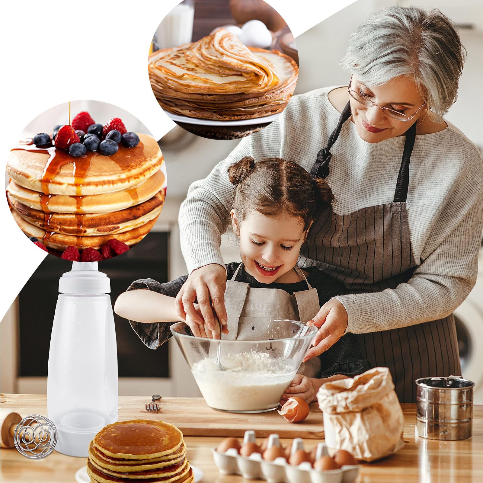 2 Stück Teigspender Quetschflasche, Pancake Mixer Bottle, Teigdosierflasche 1l, Teigflasche Pfannkuchen, Teig Mixer für Pancakes, für Poffertjes Donut Muffins Crêpe Quetschflasche Teigdosierer