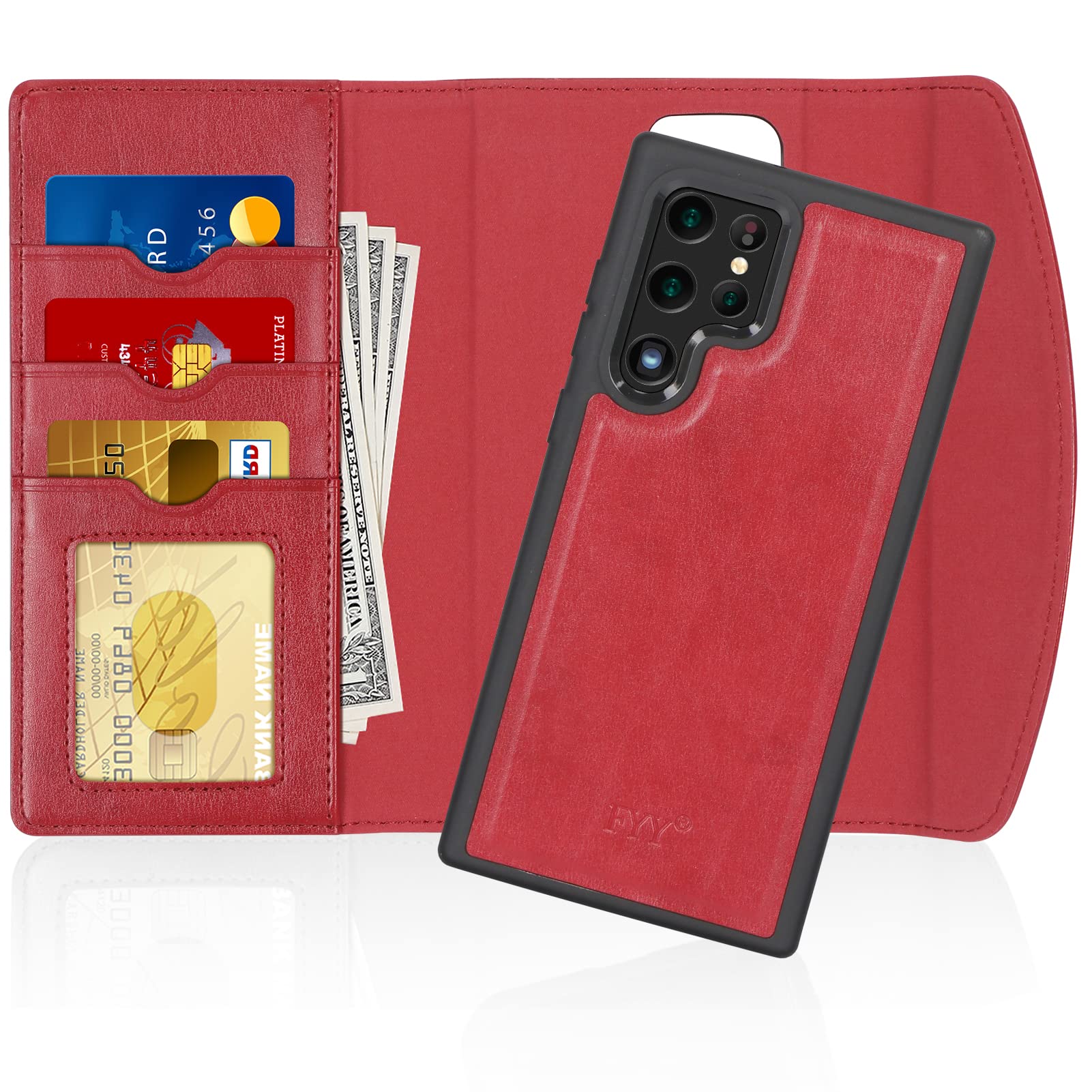 FYY Samsung Galaxy S22 Ultra 5G Case, 2-in-1 Magnetic Detachable Wallet Phone Case with Card Holder Protective Shockproof Cover for Samsung Galaxy S22 Ultra 5G 6.8" 2022 Red