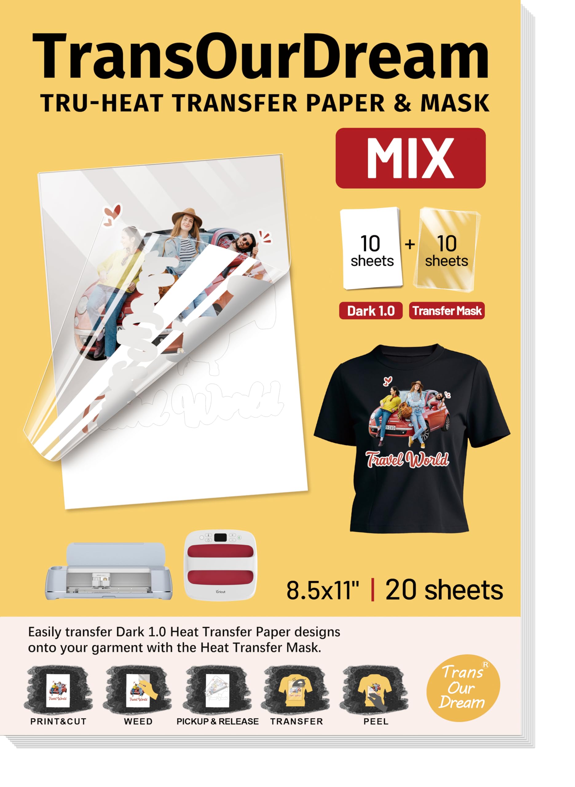 TransOurDream Heat Transfer Paper for Dark Fabric (10+10 Sheets，8.5"x11") Printable HTV Vinyl for Inkjet Printer, Iron on Transfers for Tshirts