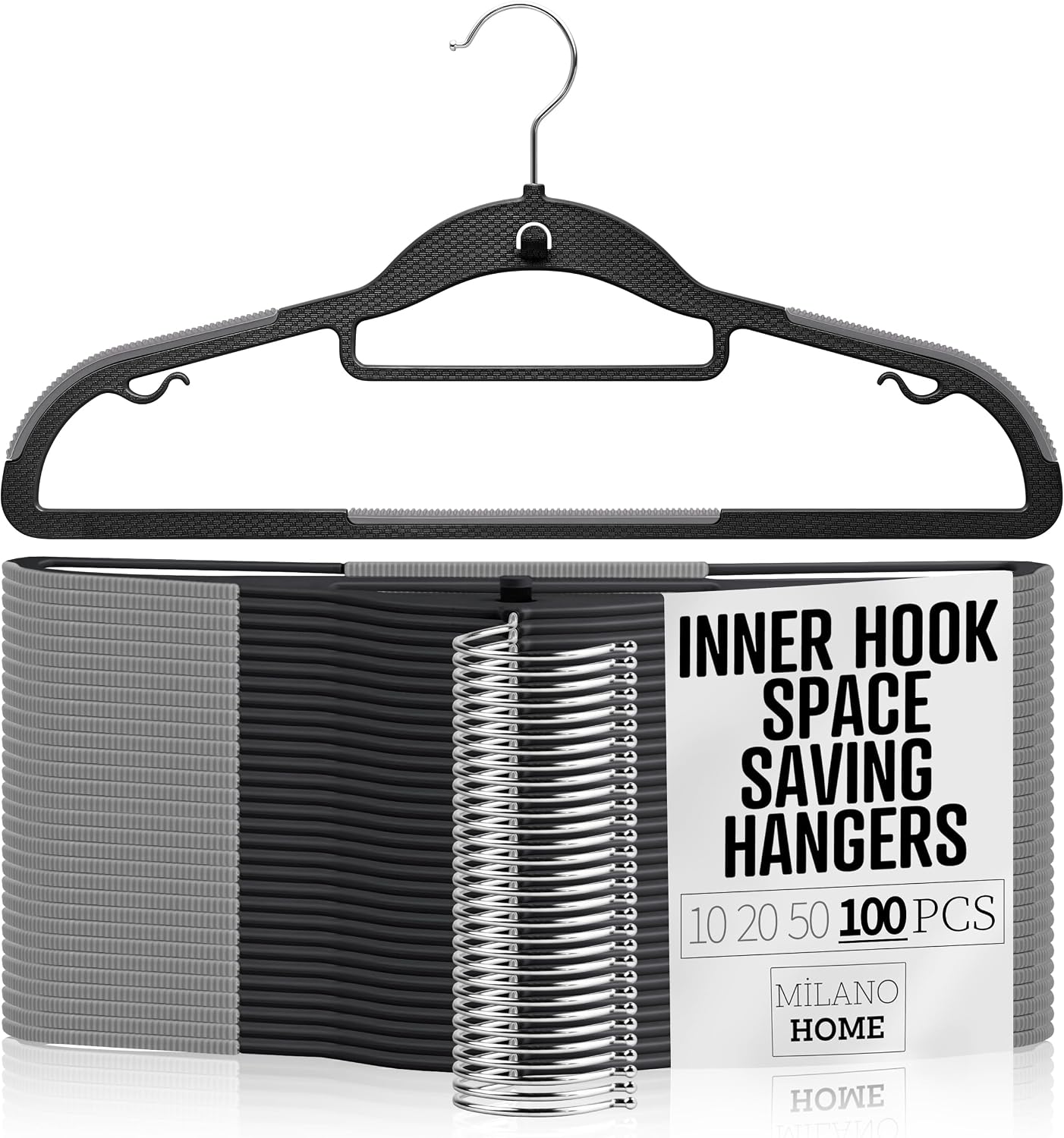 Plastic Hangers 100 Pack, Cascading Space Saving Clothing Hangers with 360° Rotating Hook, Non Slip Clothes Hangers for Sweater Shirt, Heavy Duty Coat Hanger with Inner Hook for Closet, Black/Grey