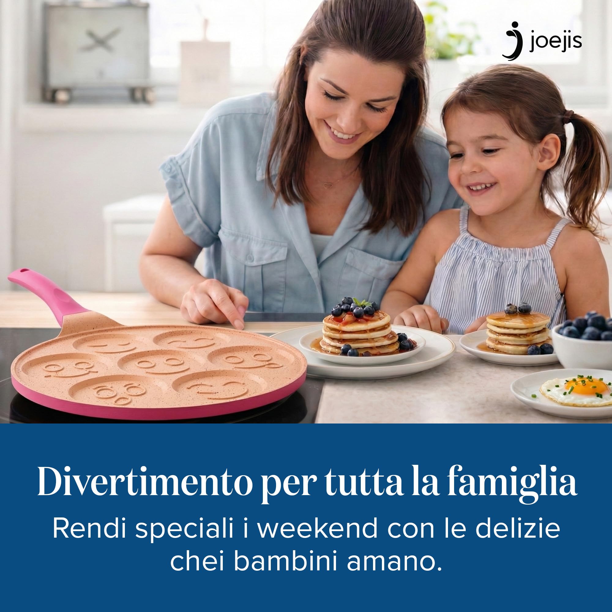 Joeji's Kitchen Teglia per pancake a 7 fori 26,5 cm Smiley - Alluminio antiaderente leggero - Induzione elettrica a gas - Mini pancake pancake crêpe - Cucina divertente per bambini - Rosa