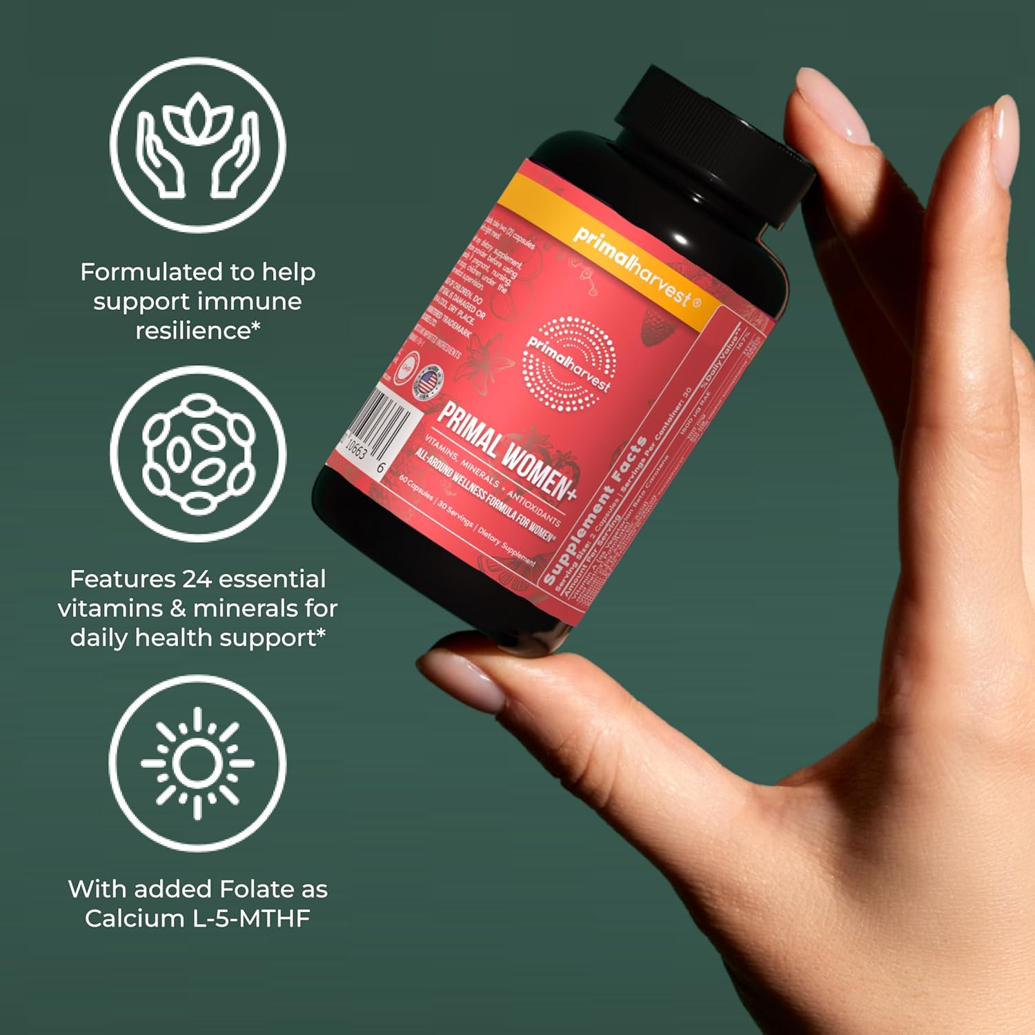 Primal Harvest Multivitamin for Women Vitamin A, Vitamin C, Vitamin D and E, Vitamin B12, B6, Biotin, Zinc Supplements, 60 Capsules (Womens 2 Pack) - Image 6