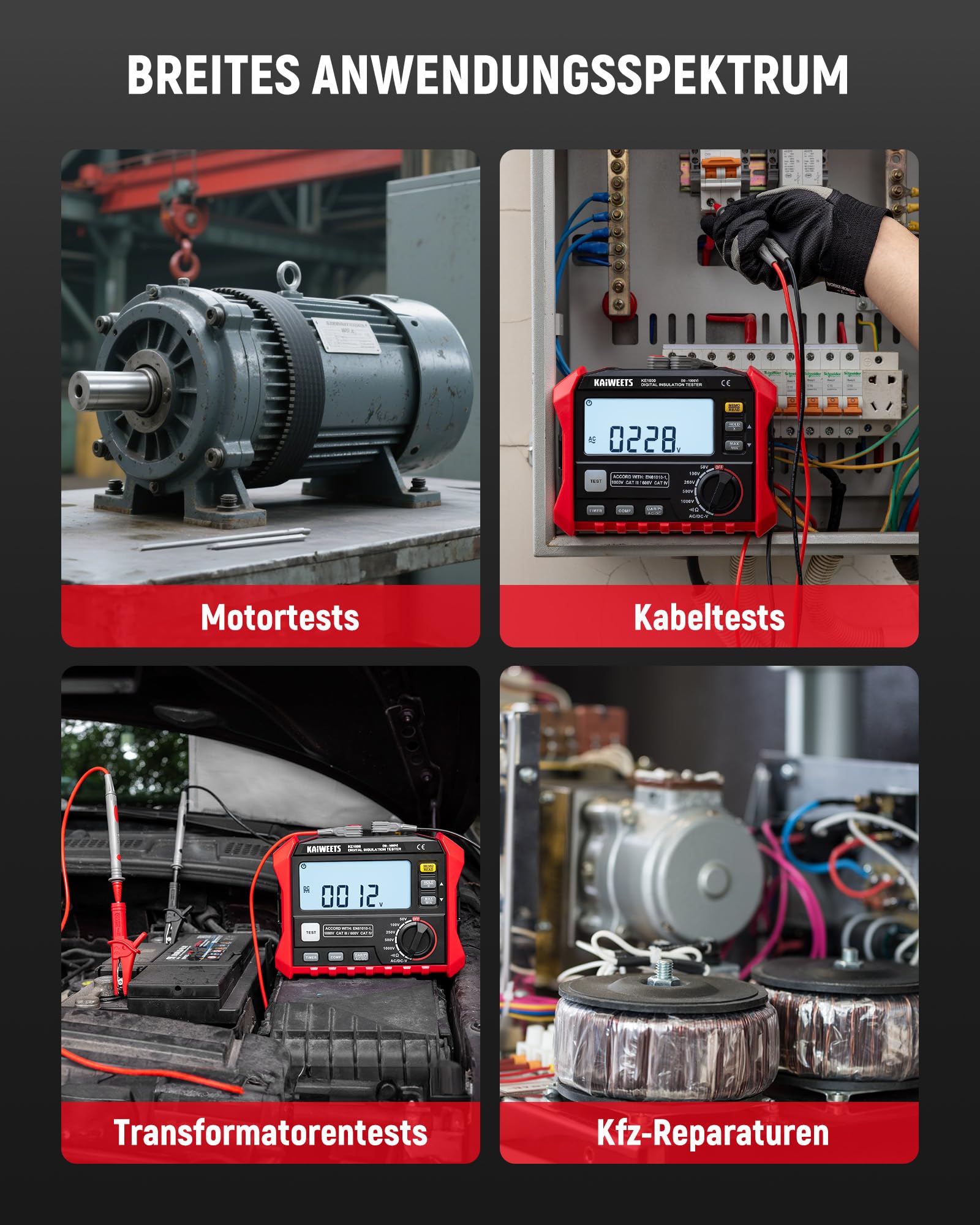 KAIWEETS Isolationsmessgerät, Isolationswiderstandsmessgerät, bis zu 100 GΩ, 50 V/100 V/250 V/500 V/1000 V, One-Touch-DAR/PI, mit AC/DC-Spannungsprüfung für Motoren, Solar, HLK