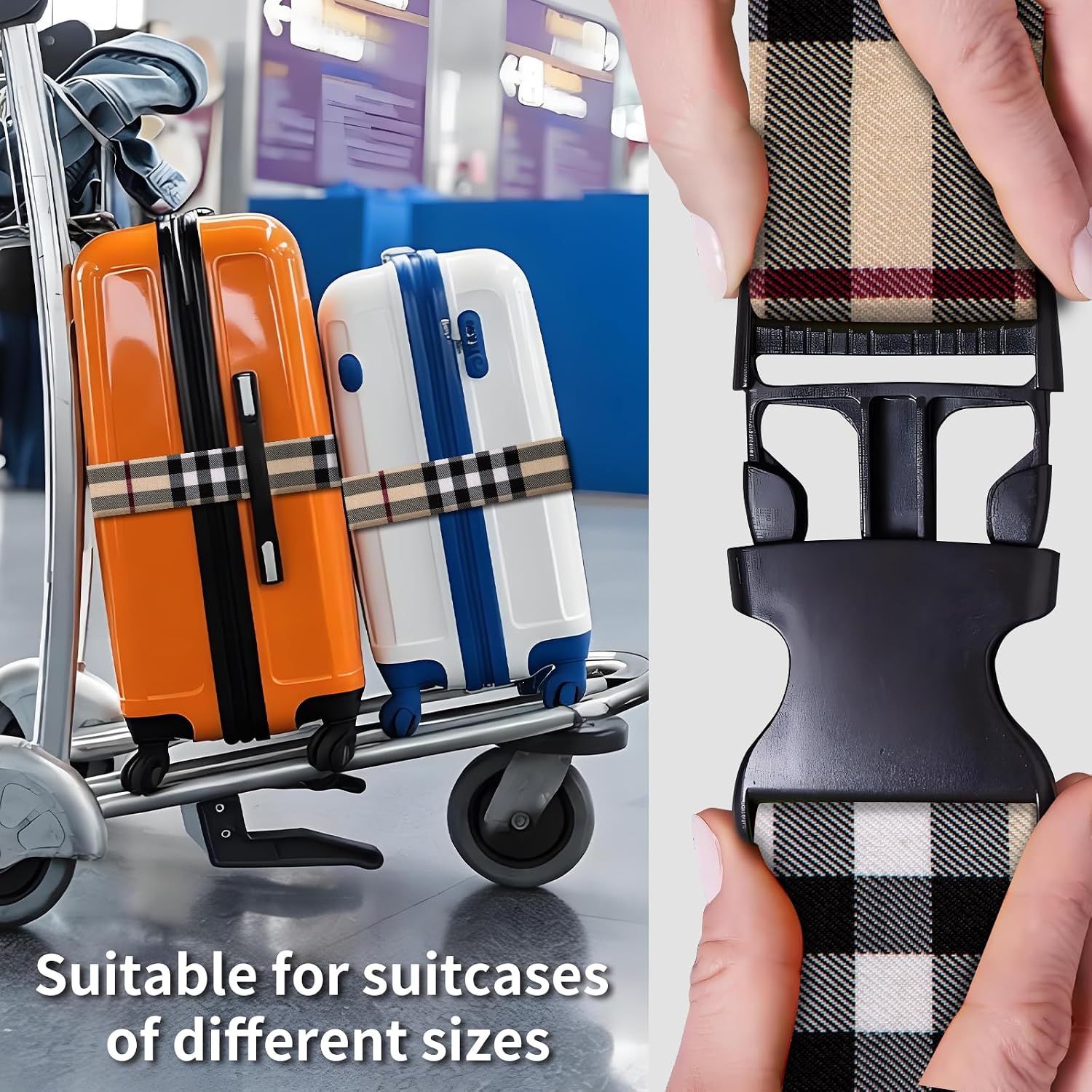 2 Pack Luggage Straps for Suitcases, Adjustable Travel Suitcase Belts, Colorful Travel Packing Straps with Quick Release Buckle, Cute Identifiers Travel Accessories Classic Plaid