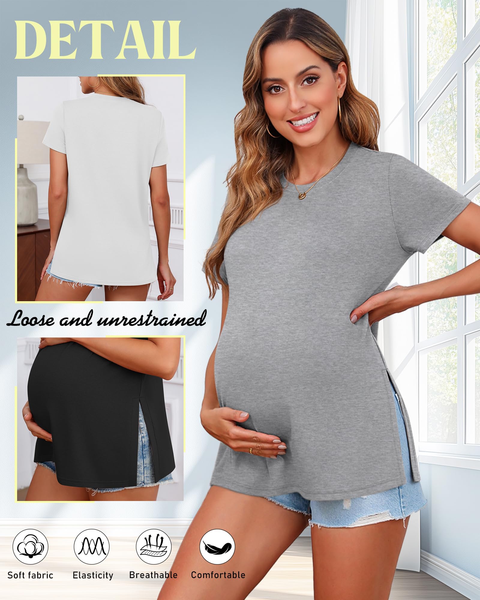 Ficerd, Confezione da 3 Magliette Premaman da Donna, Manica Corta, Spacchi Laterali, Casual, Girocollo, per Gravidanza