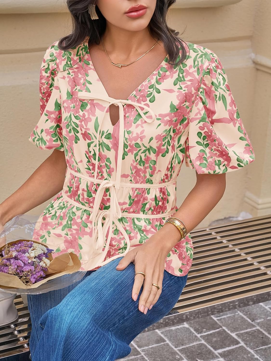 Cicy Bell Womens Puff Sleeve Tie Front Tops Summer Babydoll Peplum V Neck Blouse Casual Dressy Pleated Floral Print Shirts - Image 6