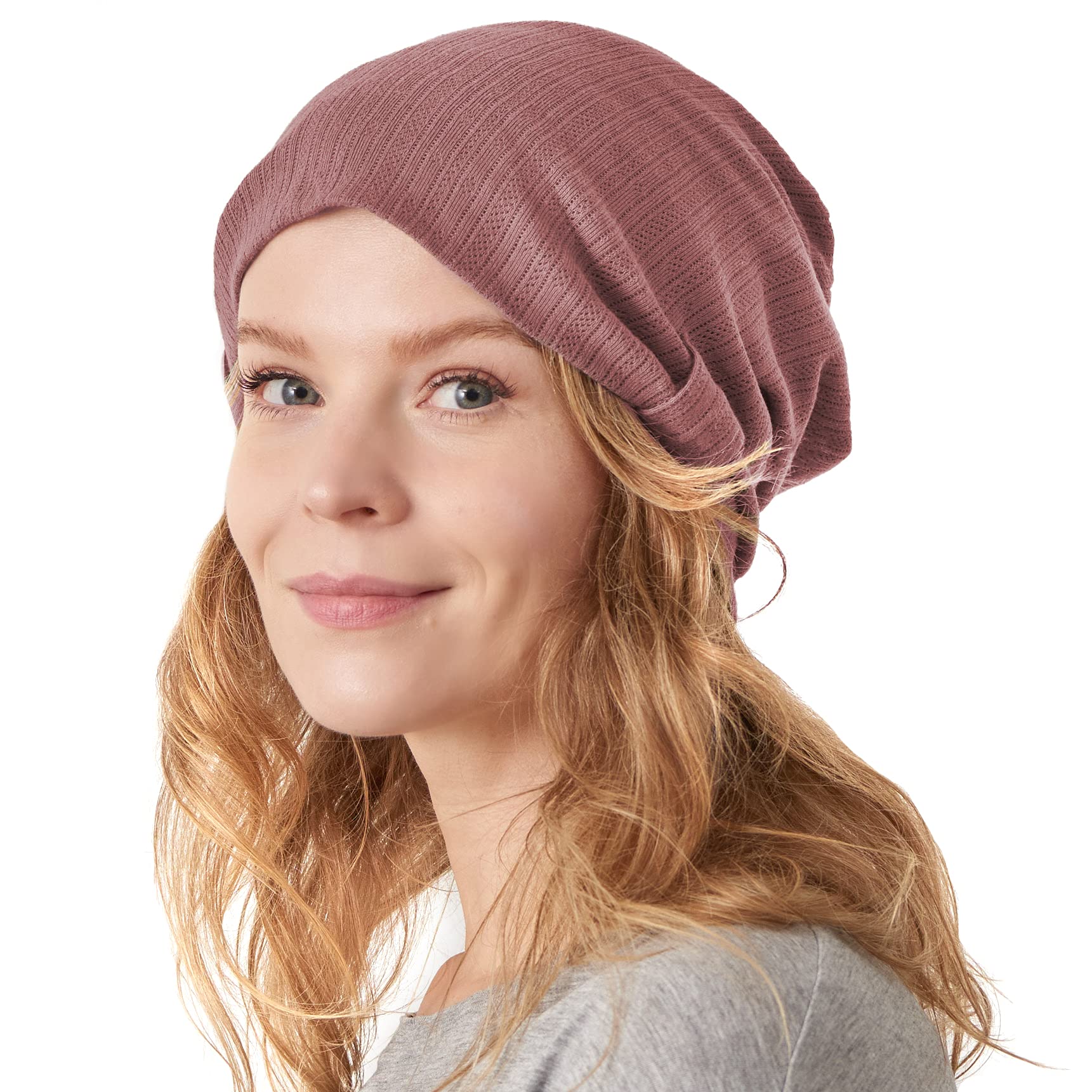 CHARM Slouchy Beanie for Women - Cute Cotton Slouch Hat, Chemo Headwear, Hair Cover Sleep Cap Winter Beanie Pink