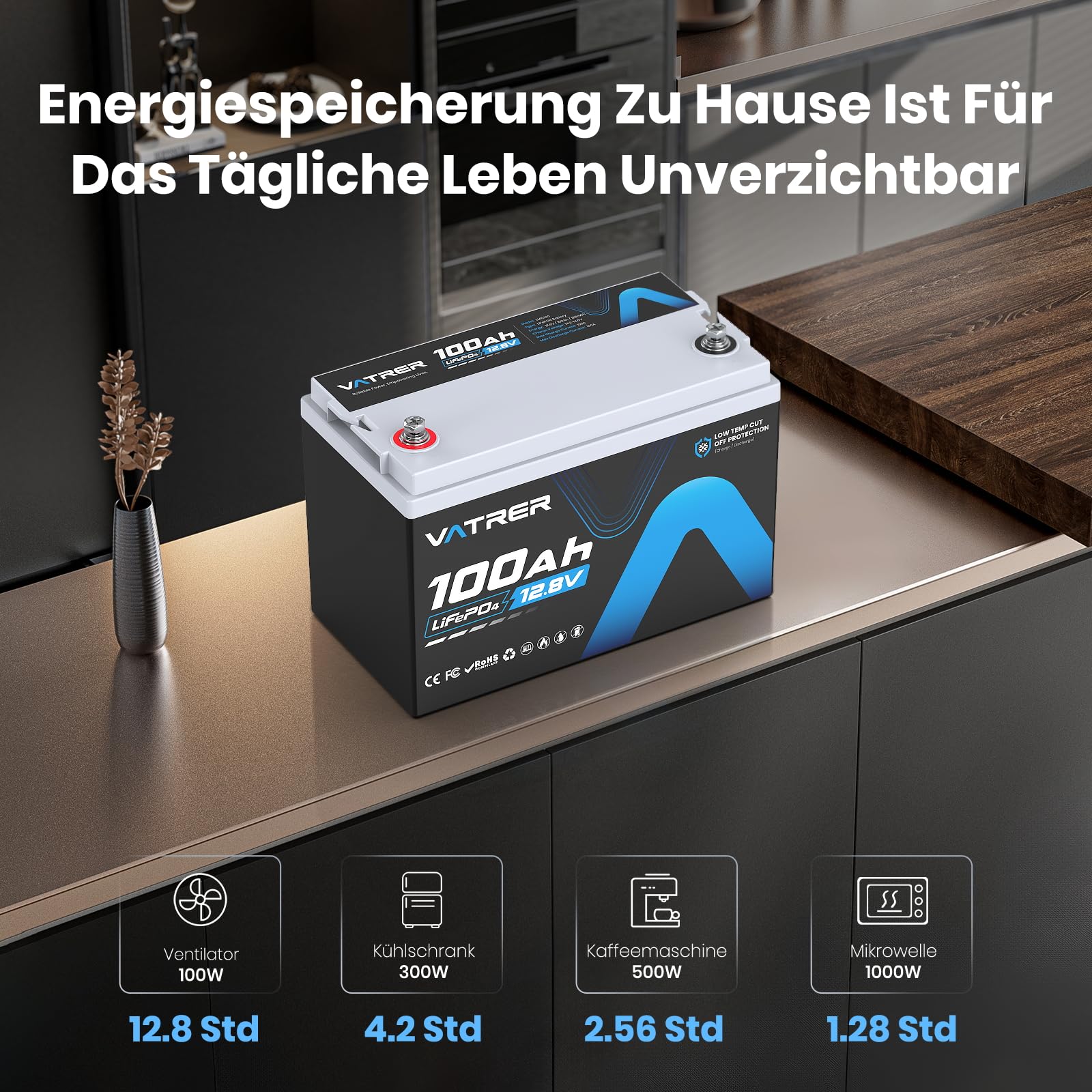 12V 100Ah LiFePO4 Akku mit Niedrigtemperatur-Abschaltung & 100A BMS, 5000+ Zyklen, 1280W für Wohnmobil, Camping, Boot & Solar-Heimanlagen
