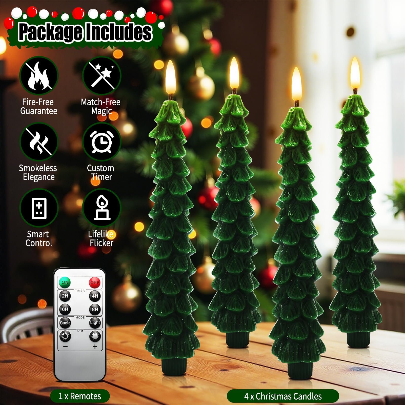Roadtime, Candele per albero di Natale con telecomando e timer, 4 pezzi di candele LED in cera a bastoncino tremolanti, candele senza fiamma a batteria con stoppino 3D, candele verdi per decorazione