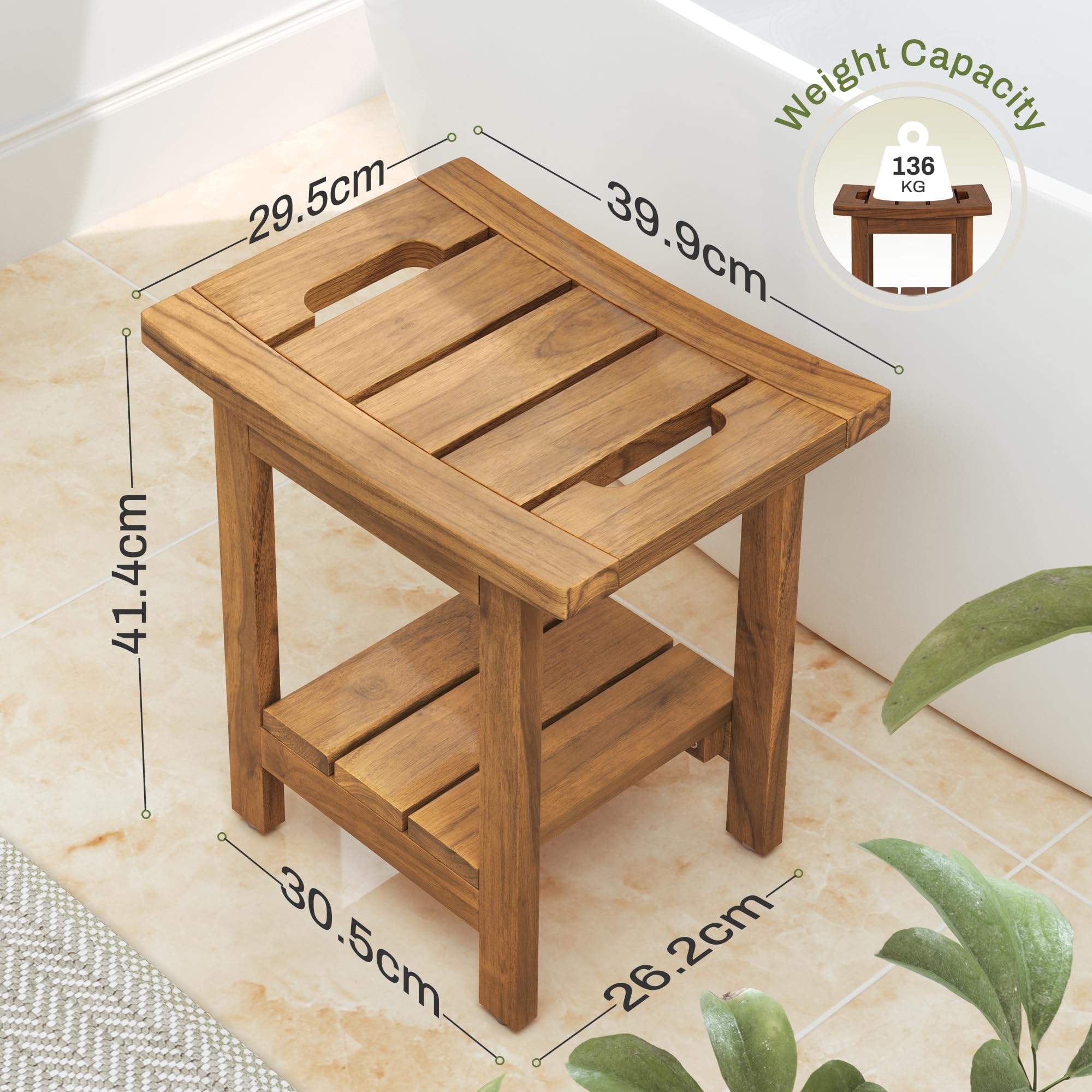 Teak stołek prysznicowy z półką do przechowywania, wodoodporne siedzisko łazienkowe z uchwytami, kompaktowa kwadratowa konstrukcja do spa, naturalne wykończenie, 40 x 29,5 x 41,4 cm