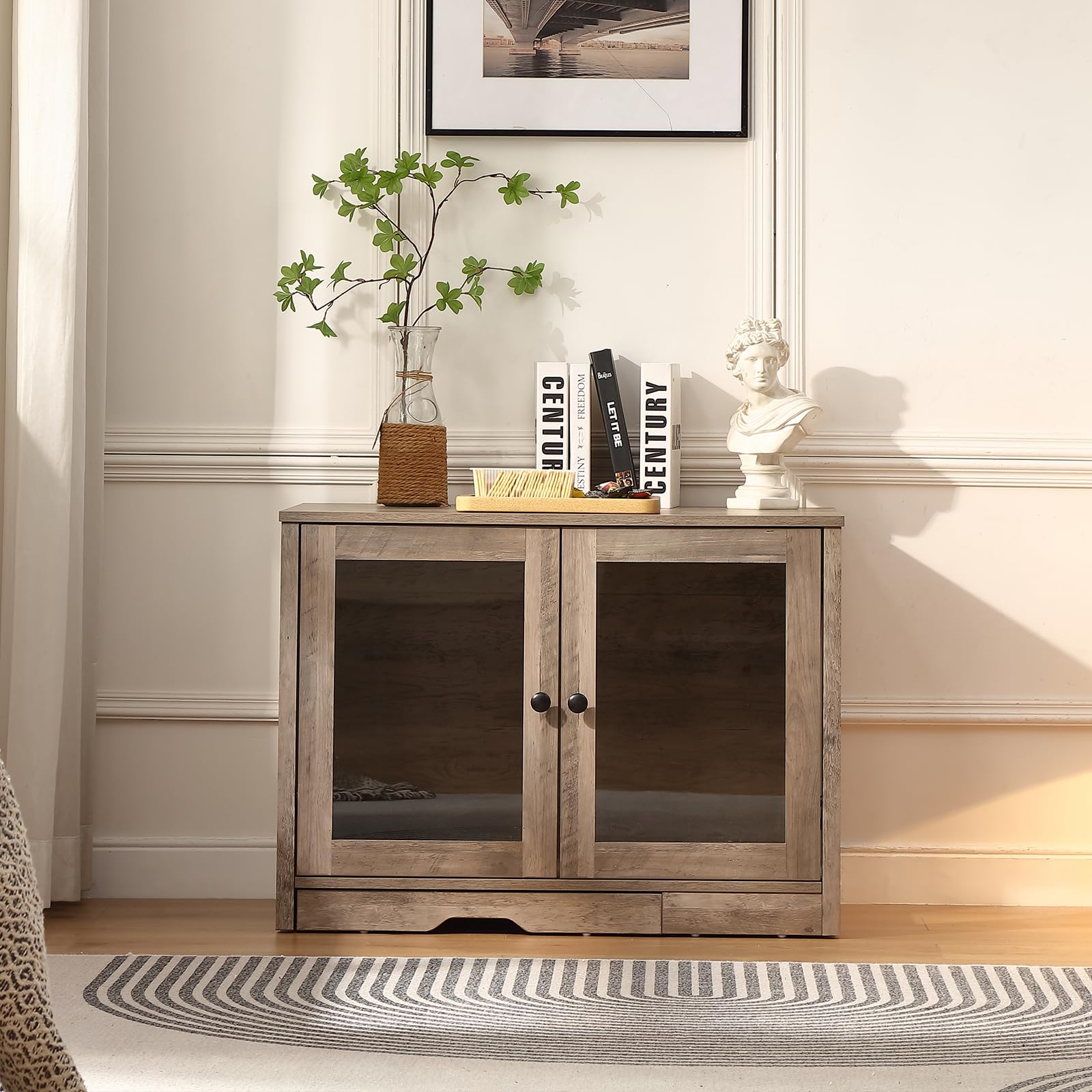 FOREST GRAVITY Cat Cabinet Litter Box Small Armadietto per gatti Lettiera Piccoli mobili per Lettiera Moderna 82 * 58.5 * 53 cm Casa per gatti con porta e divisorio separato Bianco Grigio