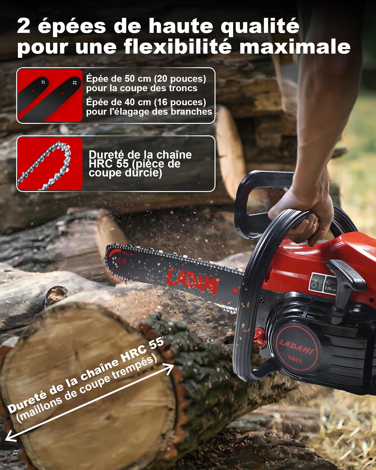 Tronçonneuse thermique 58cm³ professionnelle, moteur 2 temps, 3,5CV, avec guide-chaîne de 50 cm et 40cm, 2 chaînes, idéale pour l'entretien des arbres, l'exploitation forestière et le jardinage