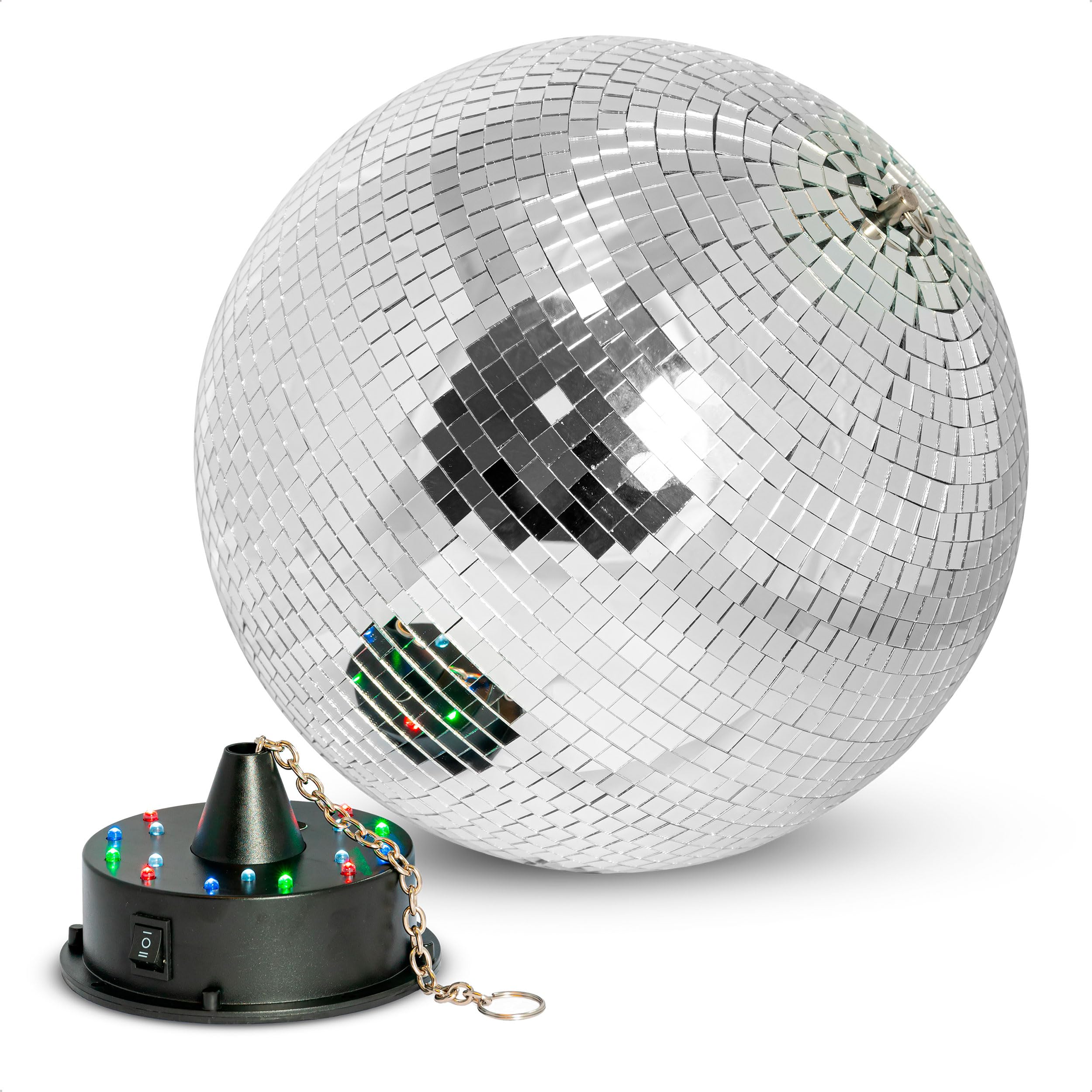 Ibiza - DISCO1-30 - Sfera sfaccettata di 30 cm di diametro con base a 18 LED e catena di 20 cm - Alimentazione a batteria