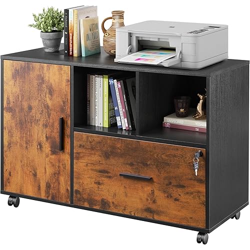 DEVAISE Lateral File Cabinet with Lock, 1-Drawer Rolling File Cabinets on Wheels for Home Office, Wood Printer Stand with Open Storage Shelf, Rustic Brown