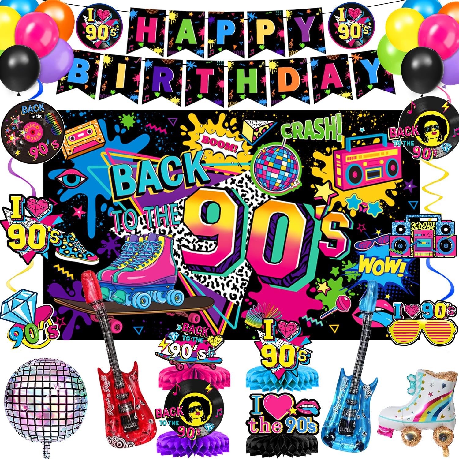 90s Birthday Party Decorations Includes Backdrop, Honeycomb Centerpieces, Banner, Hanging Swirls, Foil & Latex Balloons for 80s 90s Party Decorations