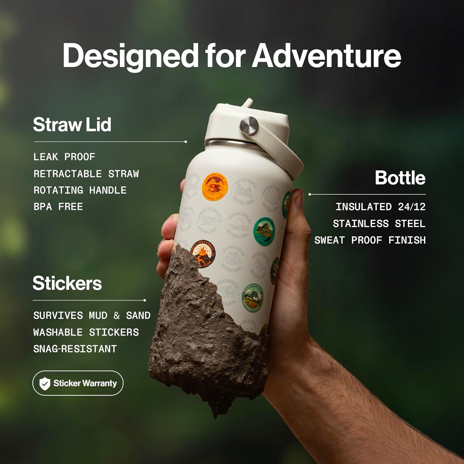 THE GEOPROJECT National Parks Water Bottle with Stickers Kit, Erikas Chesonis Collaboration, Adventure Flask with Straw, Waterproof Stickers for Water Bottle, Insulated Stainless Steel 32oz (Tan)