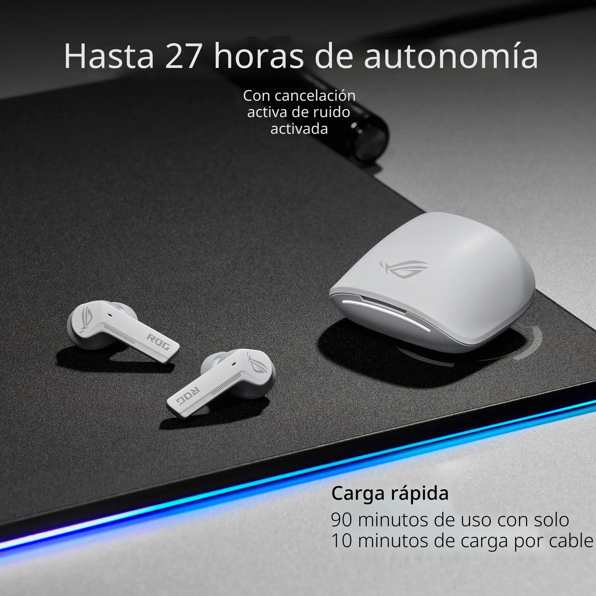 ASUS ROG Cetra True Wireless - Auriculares intraurales Gaming (Bluetooth de baja latencia, cancelación de ruido activa, batería de hasta 27h, resistencia al agua IPX4, carga inalámbrica), Blanco lunar