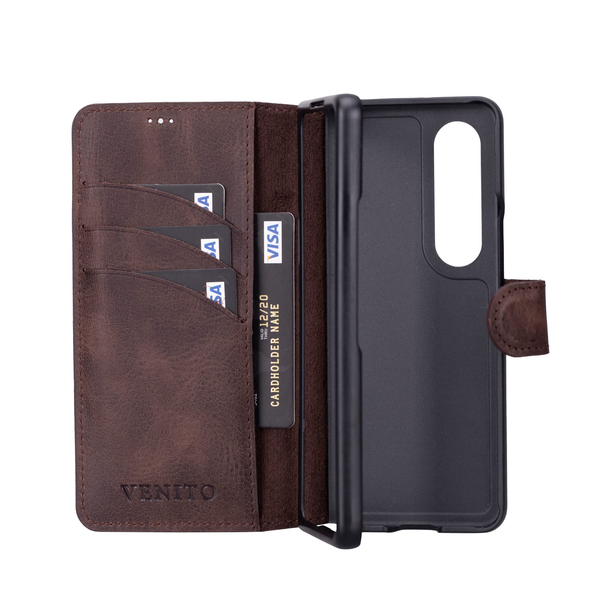 Venito Trieste Handmade Case for Galaxy Z Fold 4, Ultimate Protection with Full Grain Leather, Premium Phone Wallet Case for Galaxy Z Fold, Coffee