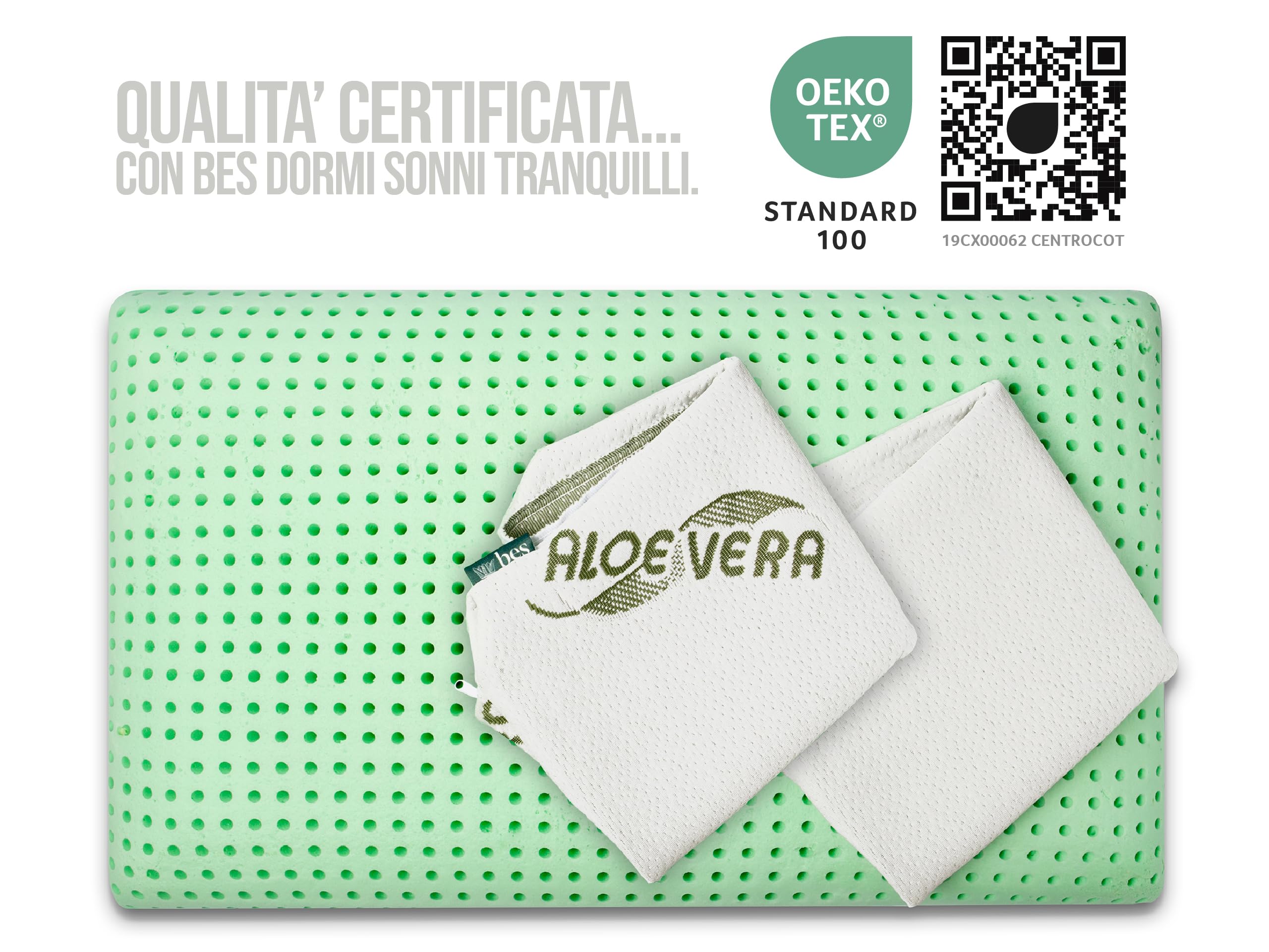 bes Cuscino Cervicale Memory Foam | Alto 15 cm | Adulti | Aloe Vera | Made in Italy