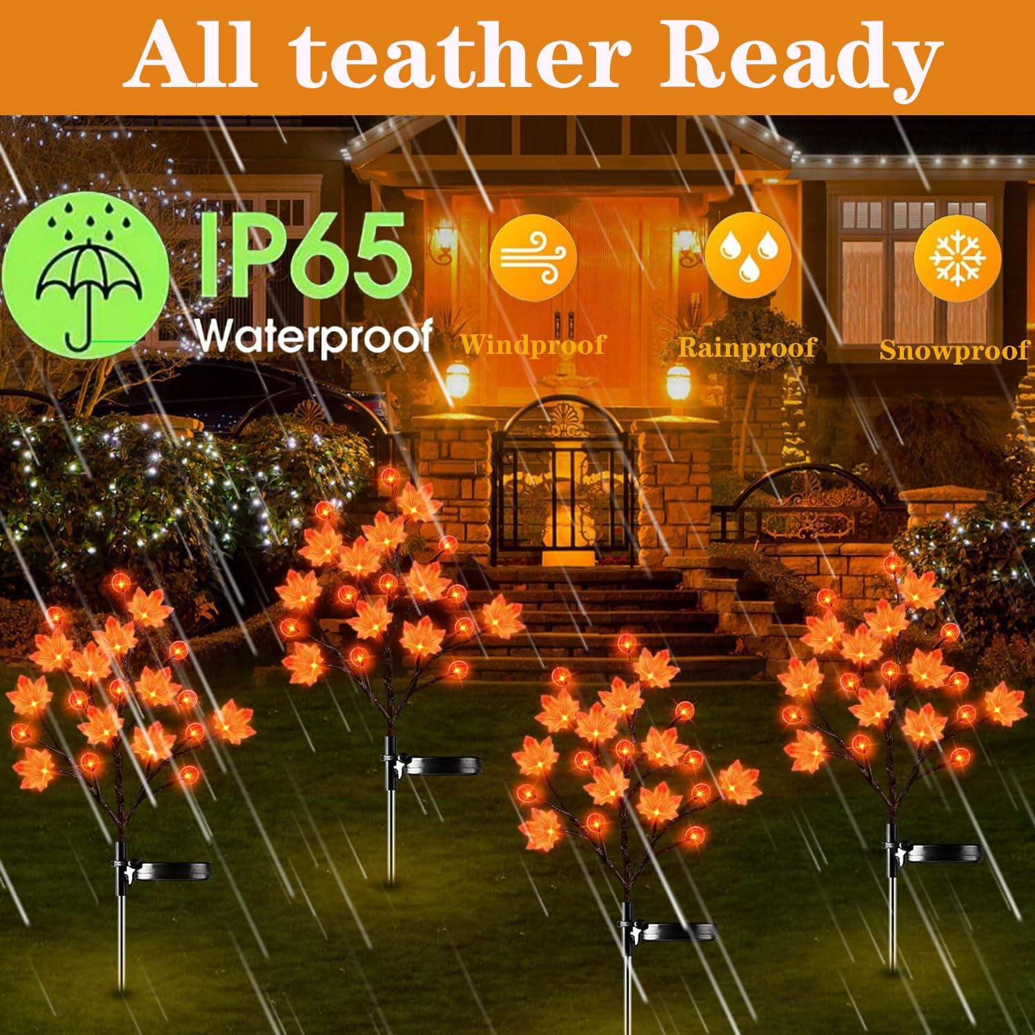 2 Pack 40LED Solar Outdoor Maple Leaf Lights for Fall Decor-3D Maple Pumpkin Thanksgiving Lights with 2 Modes | Waterproof Solar Garden Lights for Yard, Pathway, Halloween, Christmas Decorations - Image 4