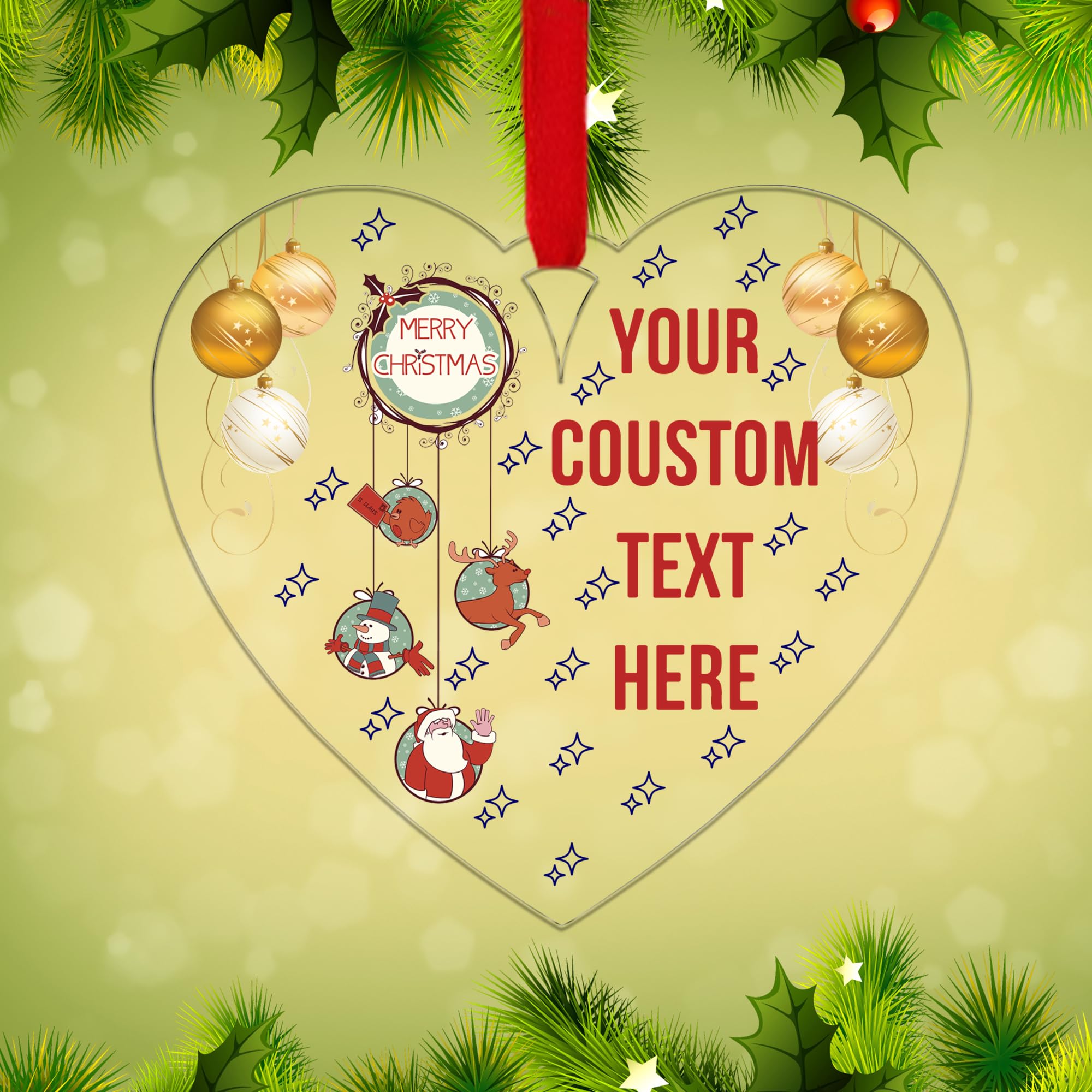 Kreatesquare Design-6 Personalised Christmas Tree Decorations Baubles With Any Custom Text | Acrylic Xmas Tree Decoration Hanging Ornaments | Personalised Bauble Gifts For Xmas Decorations