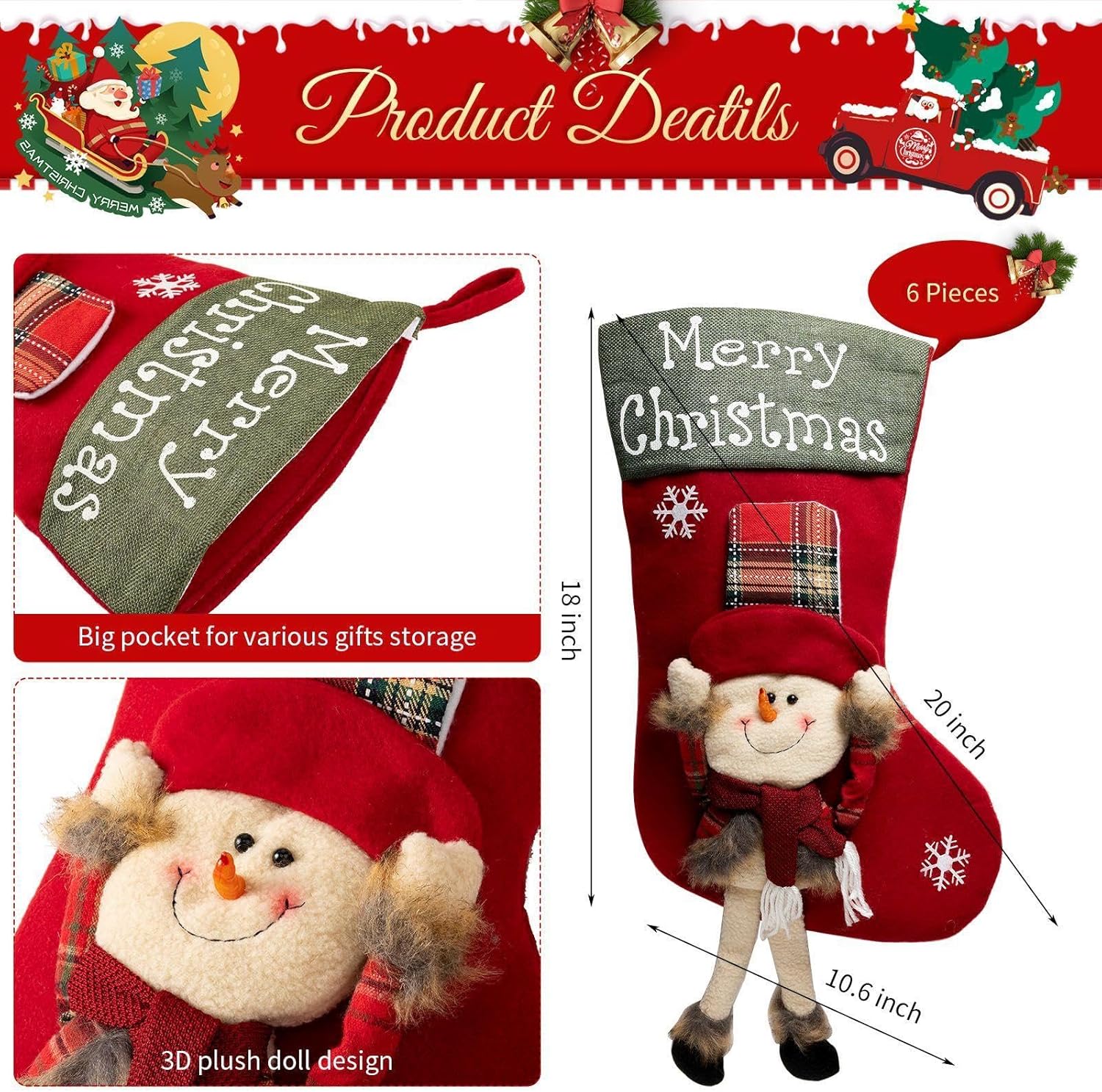 Foaincore Christmas Stocking 6 Pack 18 Inches with 6 Pieces Zinc Alloy Christmas Stocking Holders Fireplace Adjustable Holders for Family Holiday Mantel Supplies(Christmas Classic Style)