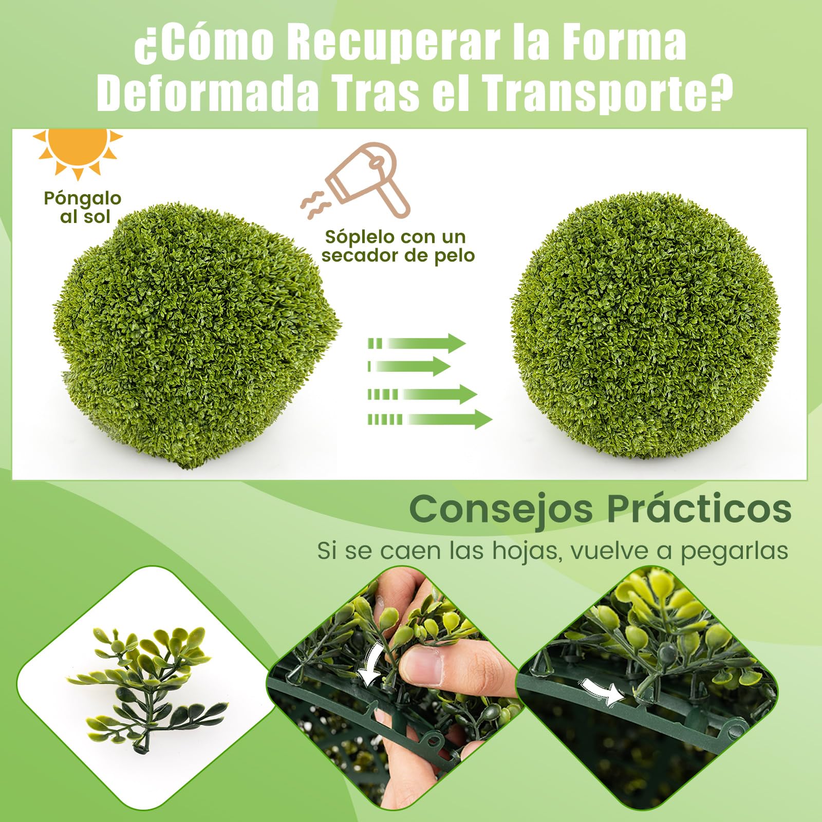 COSTWAY Juego de 2 Bolas de Topiario Artificial de Boj, Bolas de Plantas Falsas para Interior y Exterior, Bolas Topiarias Protectoras contra el Sol, Decoración para Jardín, Hogar y Bodas (50cm)