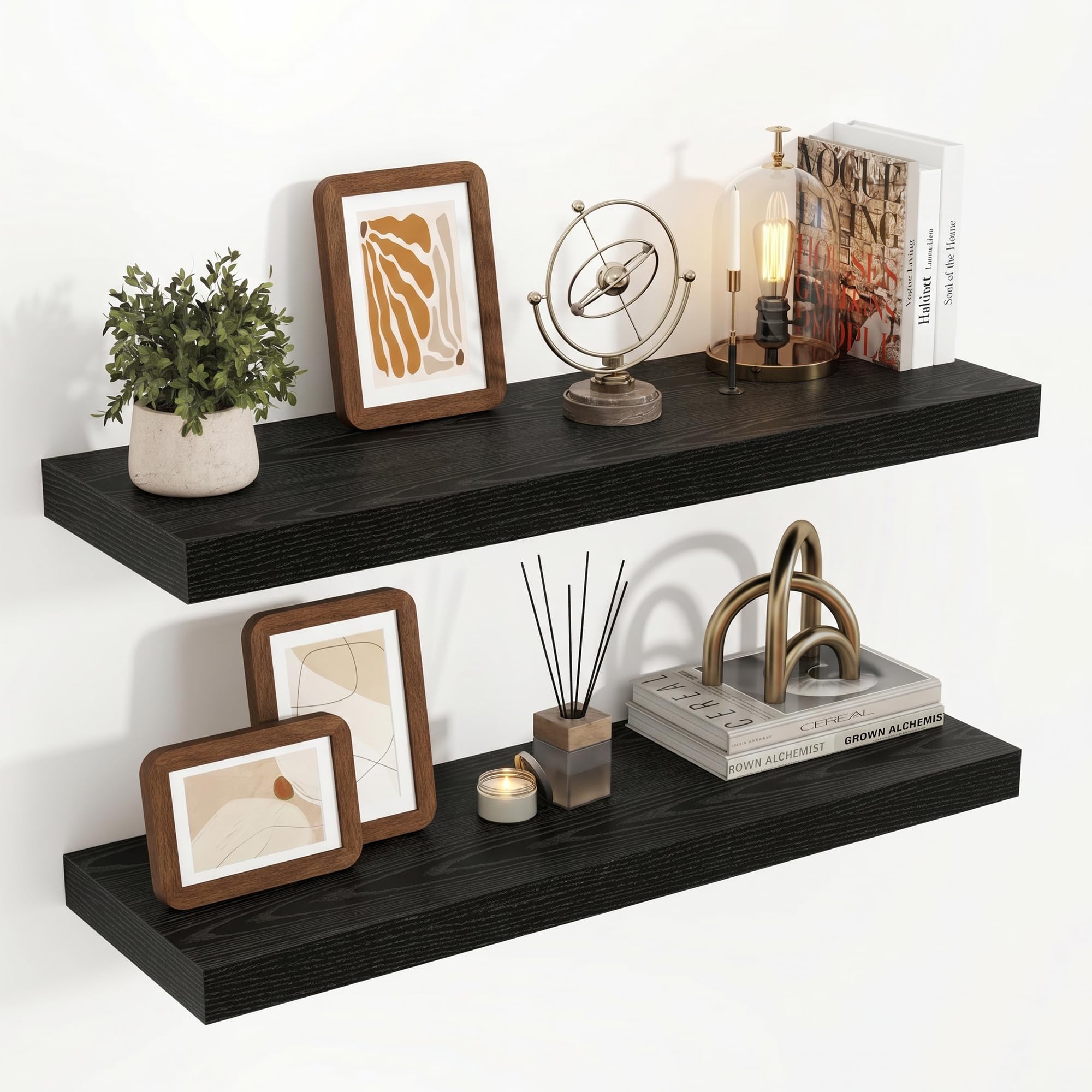 Acovy Lot de 2 étagères murales flottantes en bois pour salon, salle de bain, chambre à coucher, cuisine - 23,5 cm de profondeur - 80 cm de long - Noir