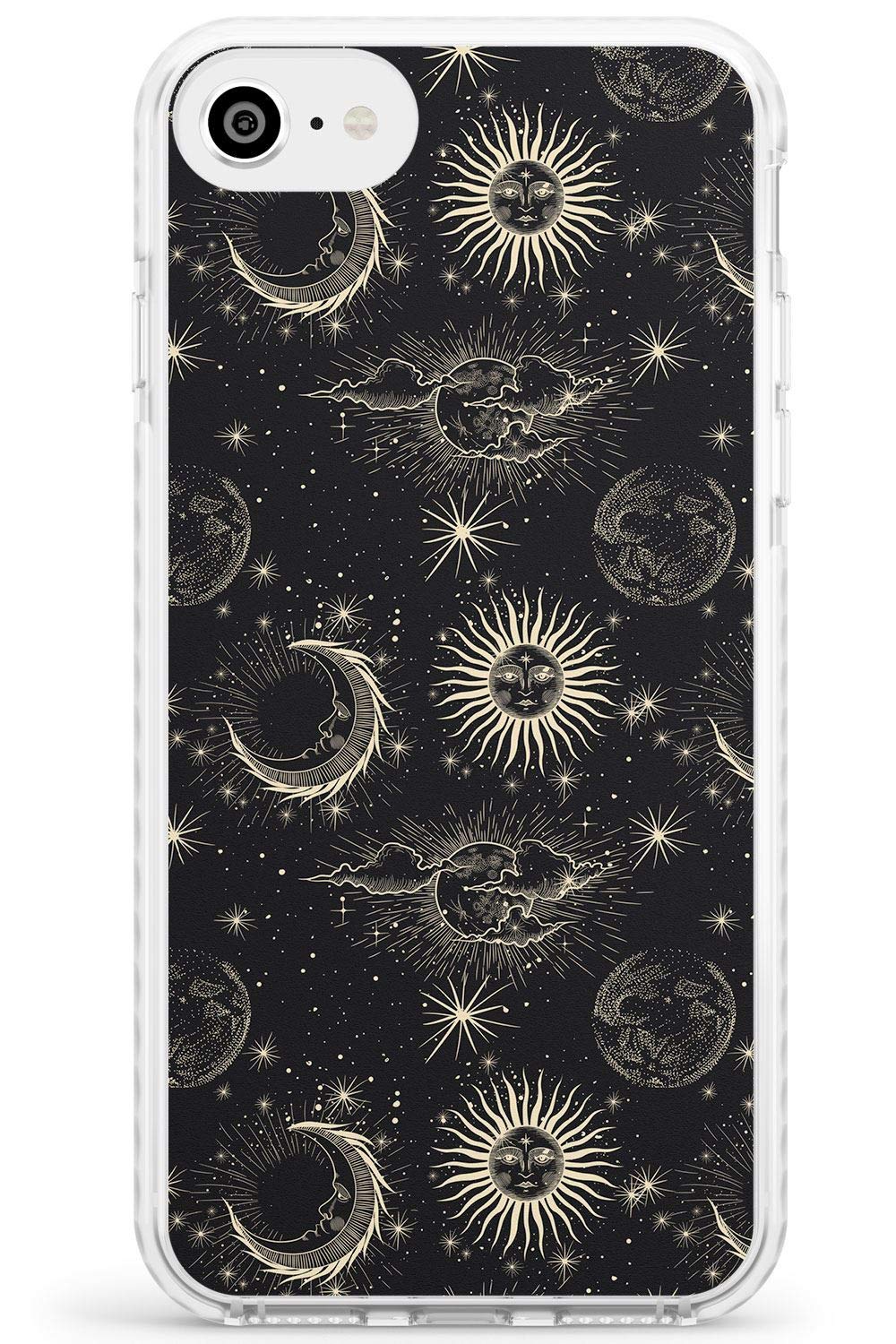 Large Suns, Moons & Clouds Astrological Impact Phone Case for iPhone 7/8 / SE TPU Protective Light Strong Cover with Zodiac Vintage Stars Space