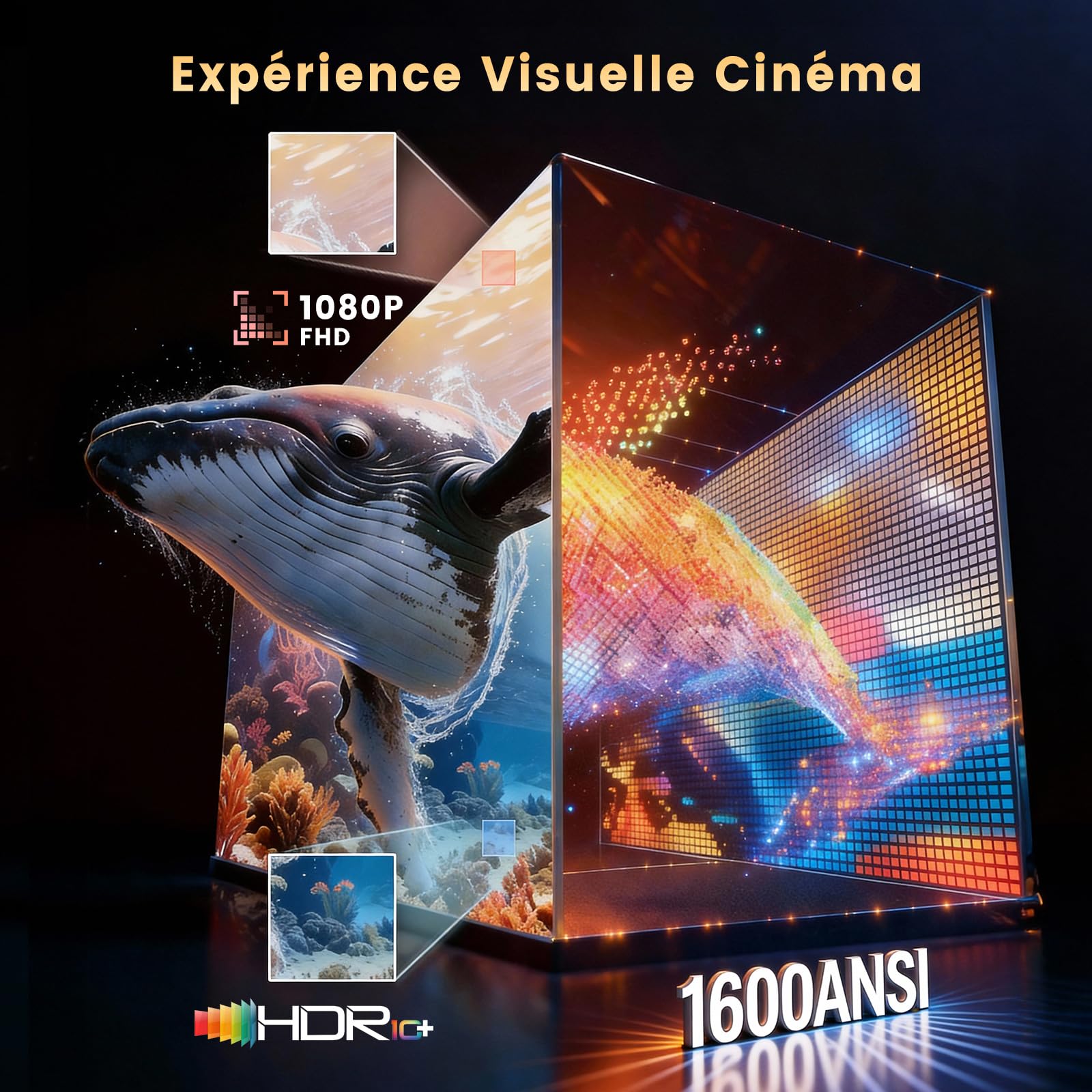 Videoprojecteur-4K GTV 1080P FHD1600ANSI Mini Ultra Courte Projecteur Video | Apps Officiell,Auto Focus/Keystone,Retroprojecteur Portable,Contrôle Vocal,WiFi6 Bluetooth5.4,HDR10,HDMI Jimveo Home Cinéma