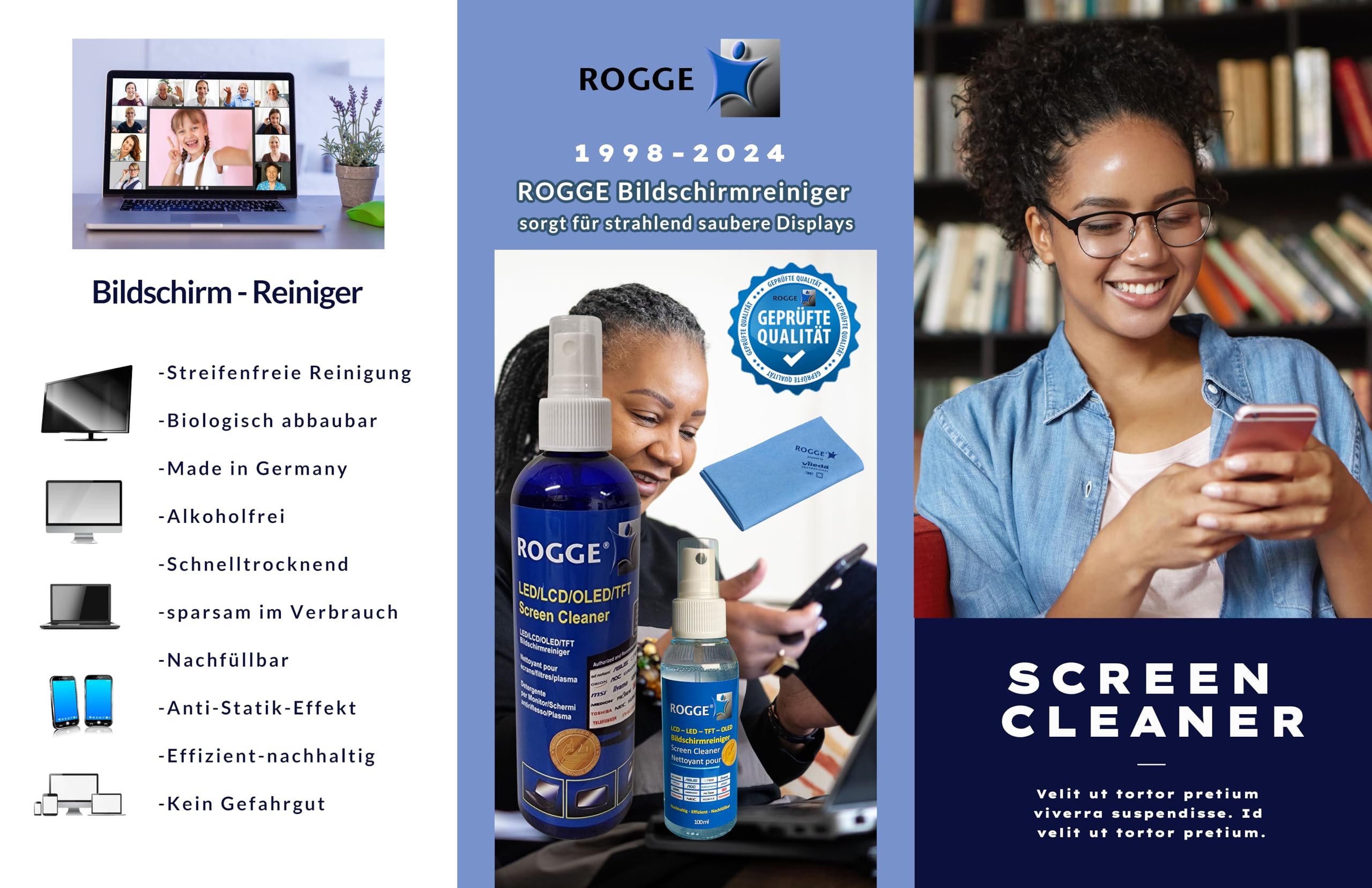 ROGGE - Confezione da 3 flaconi da 250 ml per display LCD LED OLED-TFT