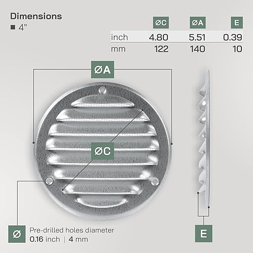 Miniatura 6 de Vent Systems Cubierta de ventilación de acero galvanizado de 4 pulgadas paquete de 5 unidades rejilla redonda de ventilación de aire cubierta de