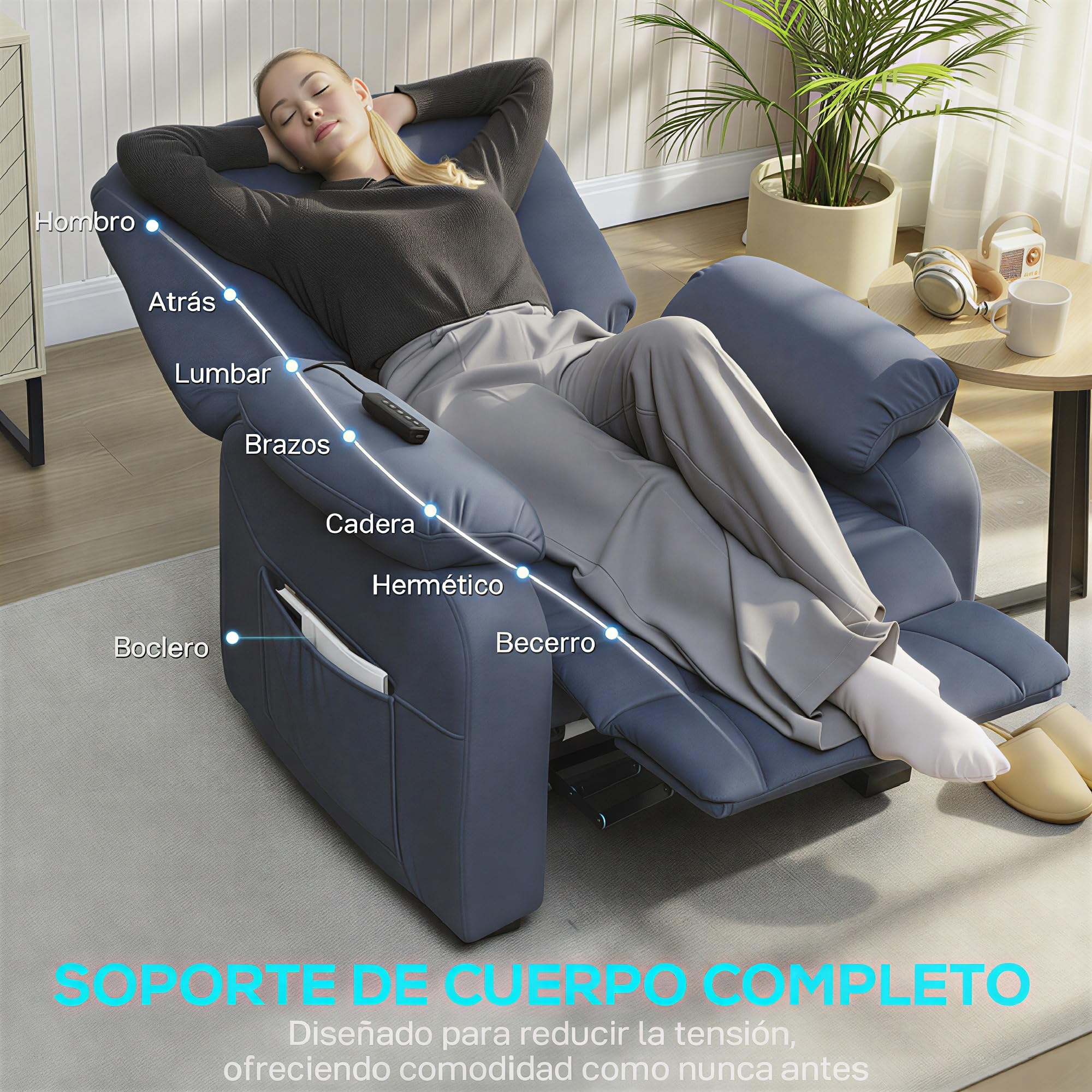 HOMCOM Sillón Relax Reclinable Eléctrico con Función Memoria Azul | Sillón Reclinable Silencioso, Reposapiés, Mando a Distancia, Puerto USB, Bolsillos Laterales, Dormitorio, Tela Terciopelo